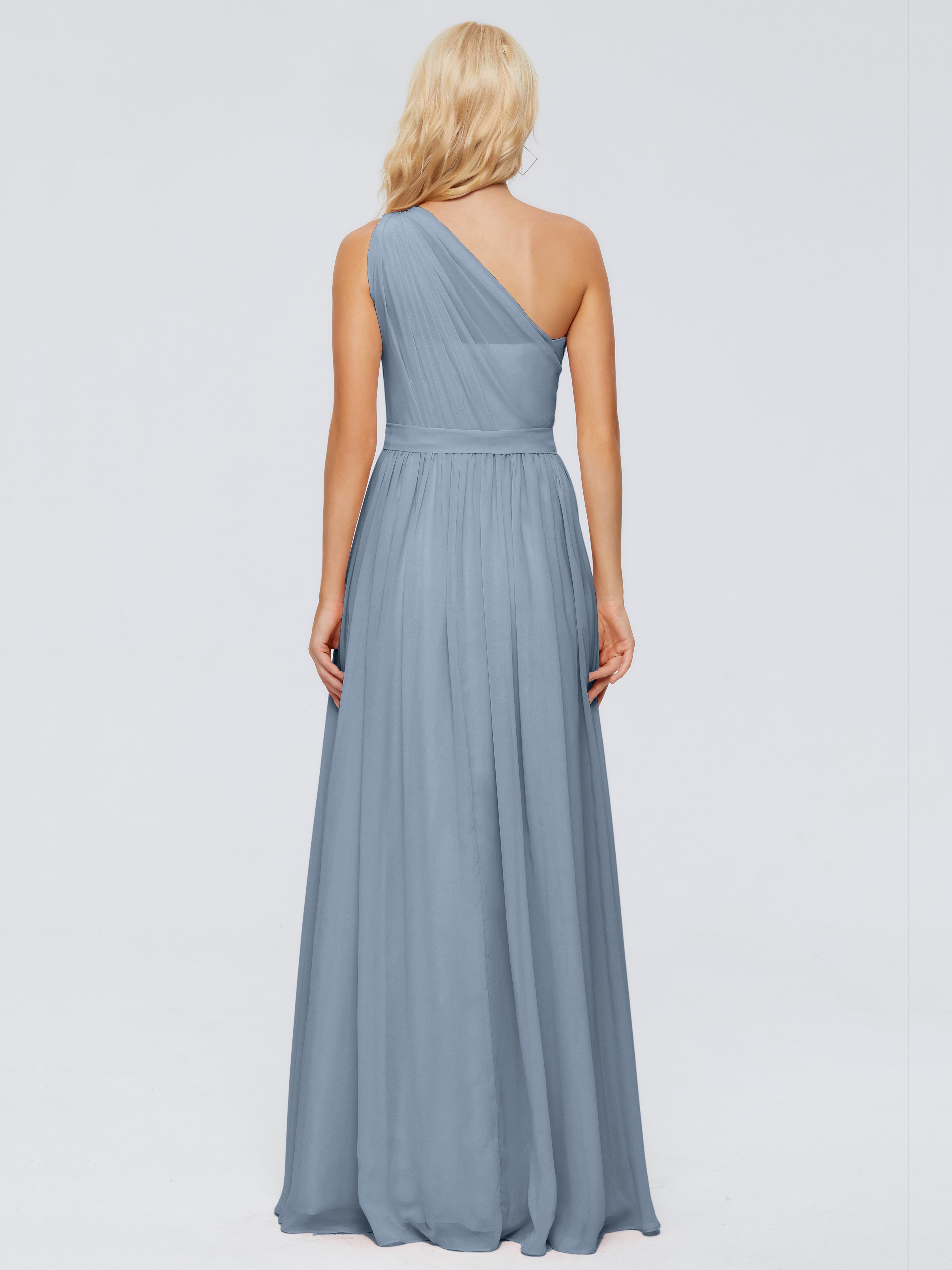 Robes De Demoiselle D'Honneur Bleu Poudre Trapèze Seule-Épaule Ruban Mousseline Robes Demoiselle D'Honneur