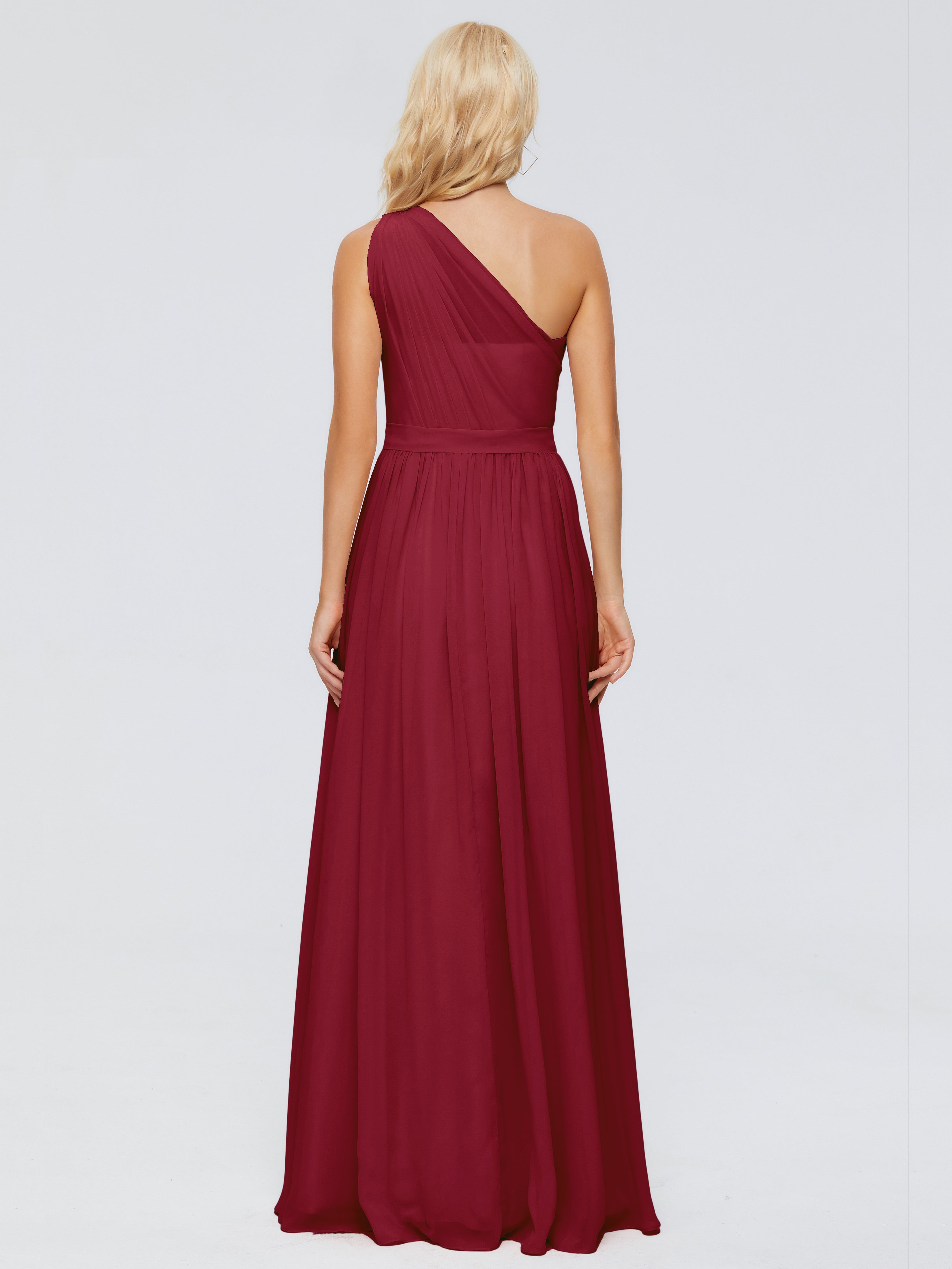 Robe Bordeaux Demoiselle D Honneur Trapèze Seule-Épaule Ruban Mousseline Robes Demoiselle D'Honneur