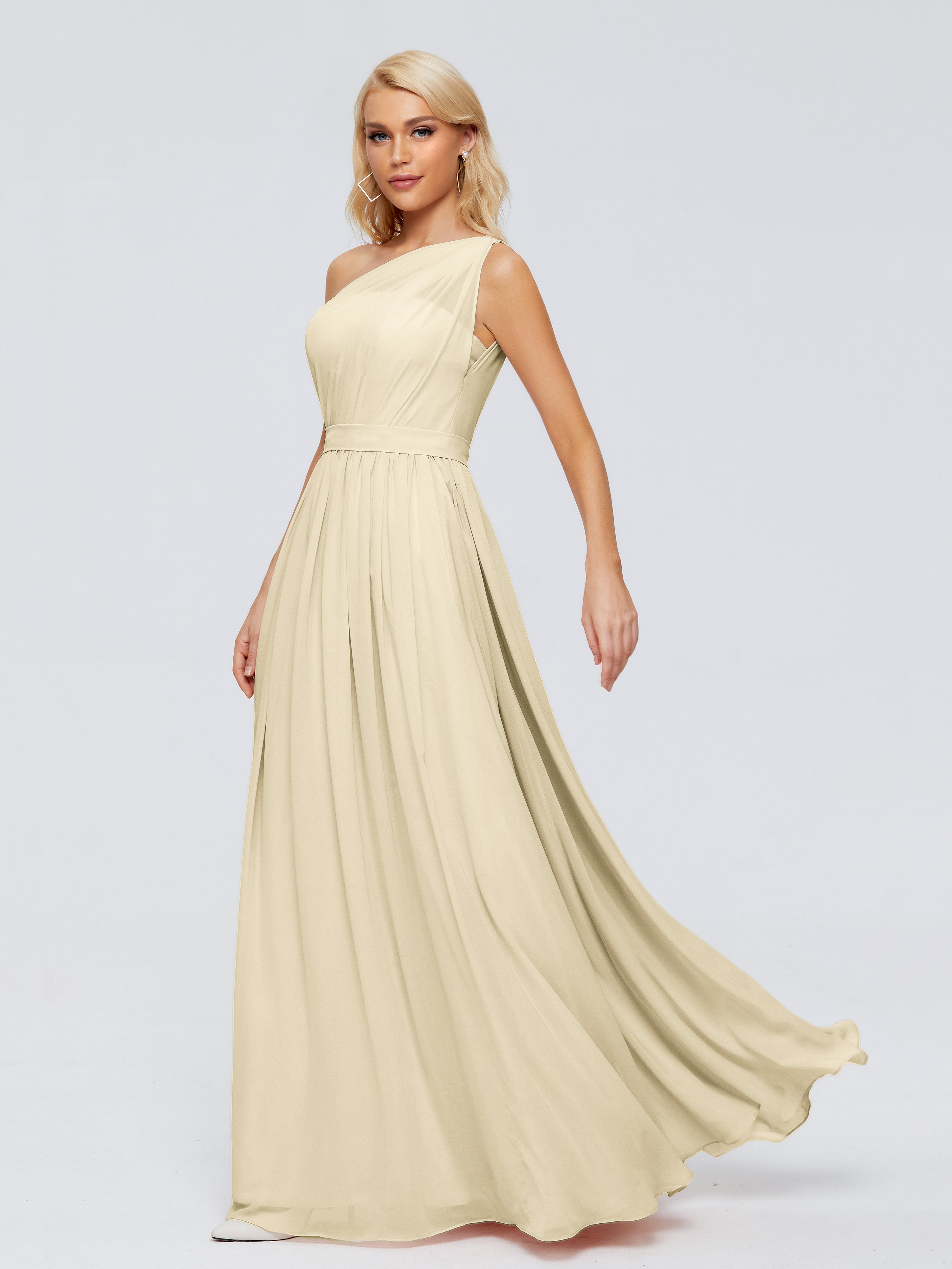 Robe Champagne Demoiselle D Honneur Trapèze Seule-Épaule Ruban Mousseline Robes Demoiselle D'Honneur