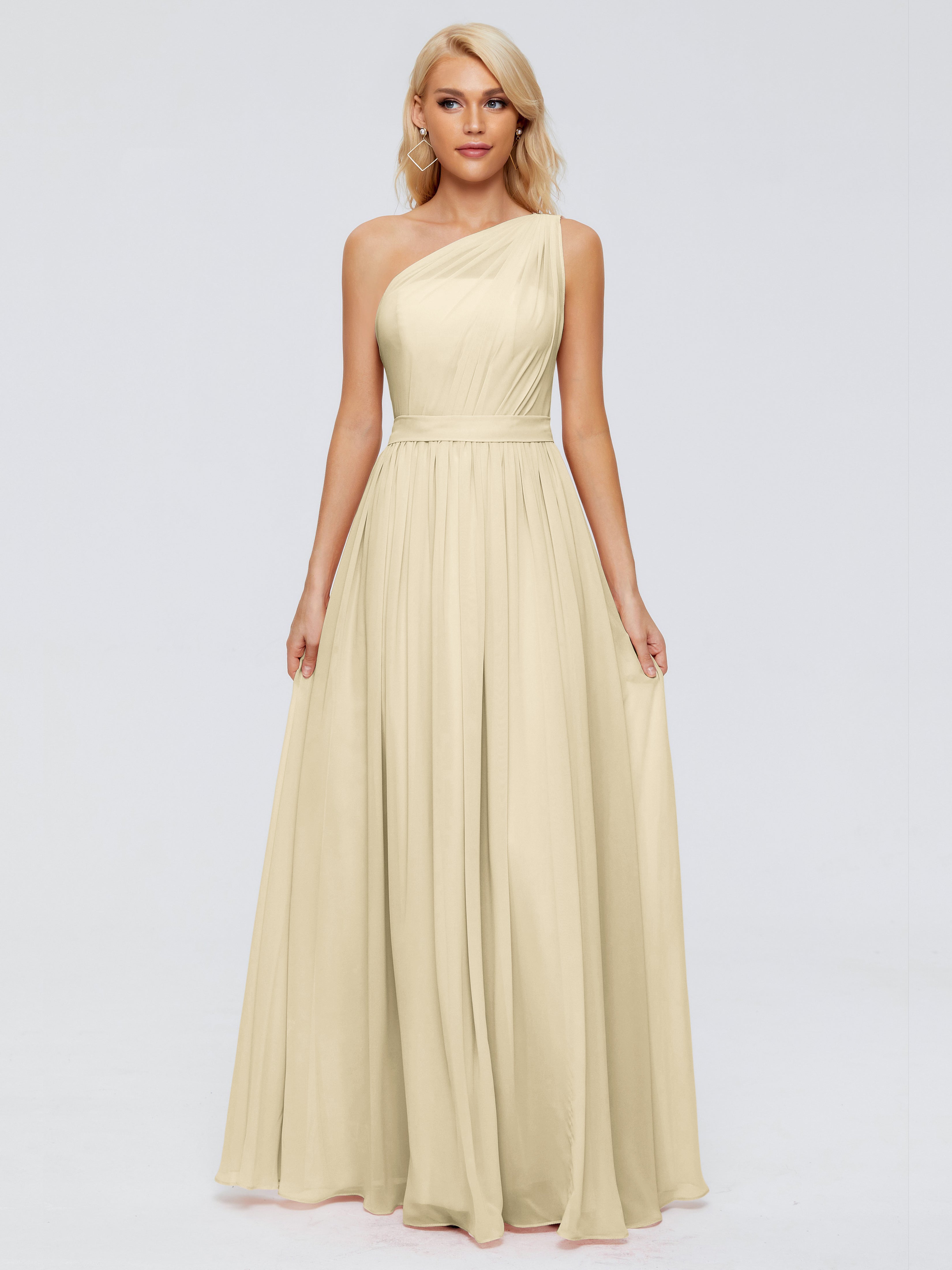 Robe Champagne Demoiselle D Honneur Trapèze Seule-Épaule Ruban Mousseline Robes Demoiselle D'Honneur