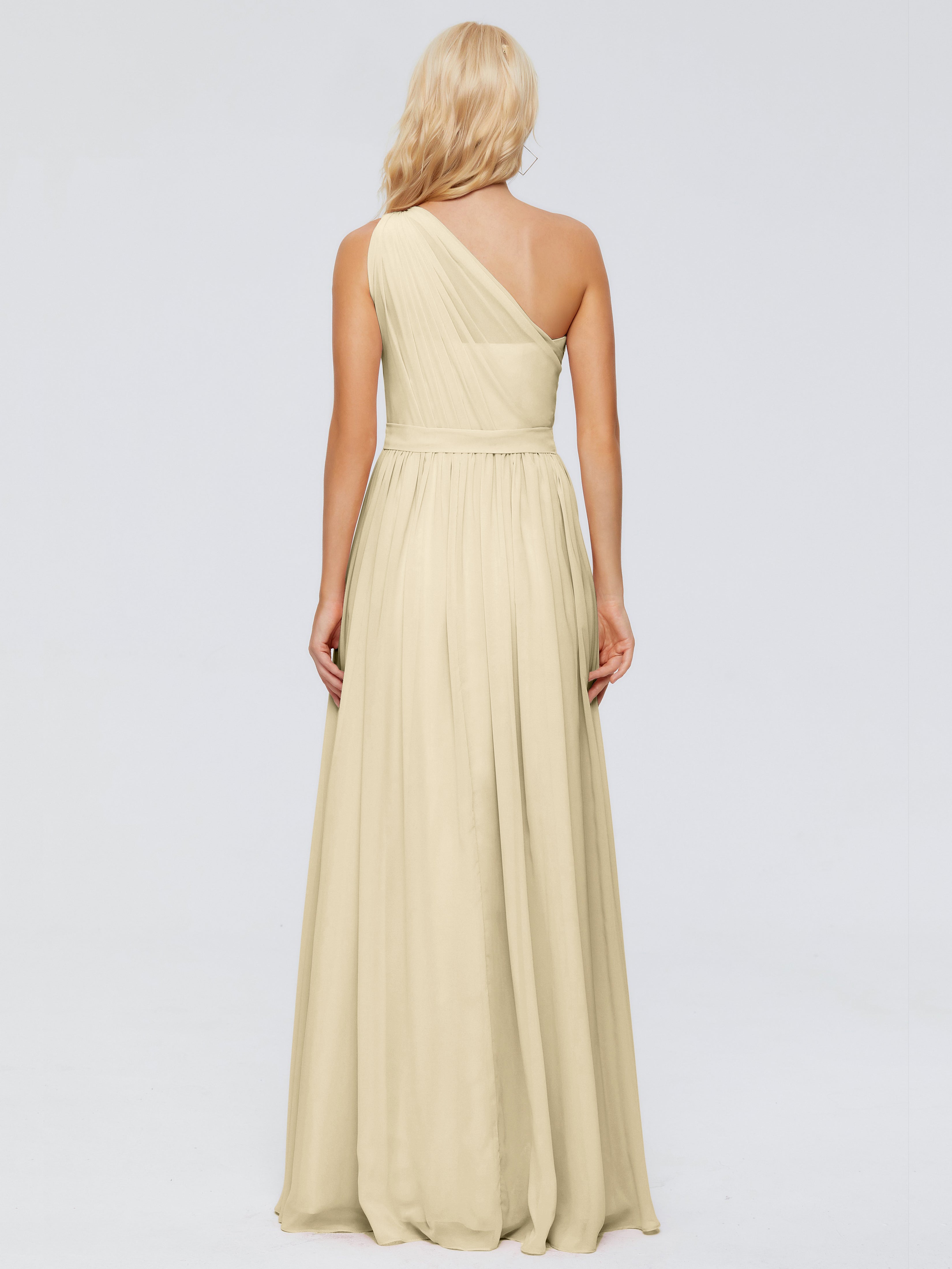 Robe Champagne Demoiselle D Honneur Trapèze Seule-Épaule Ruban Mousseline Robes Demoiselle D'Honneur