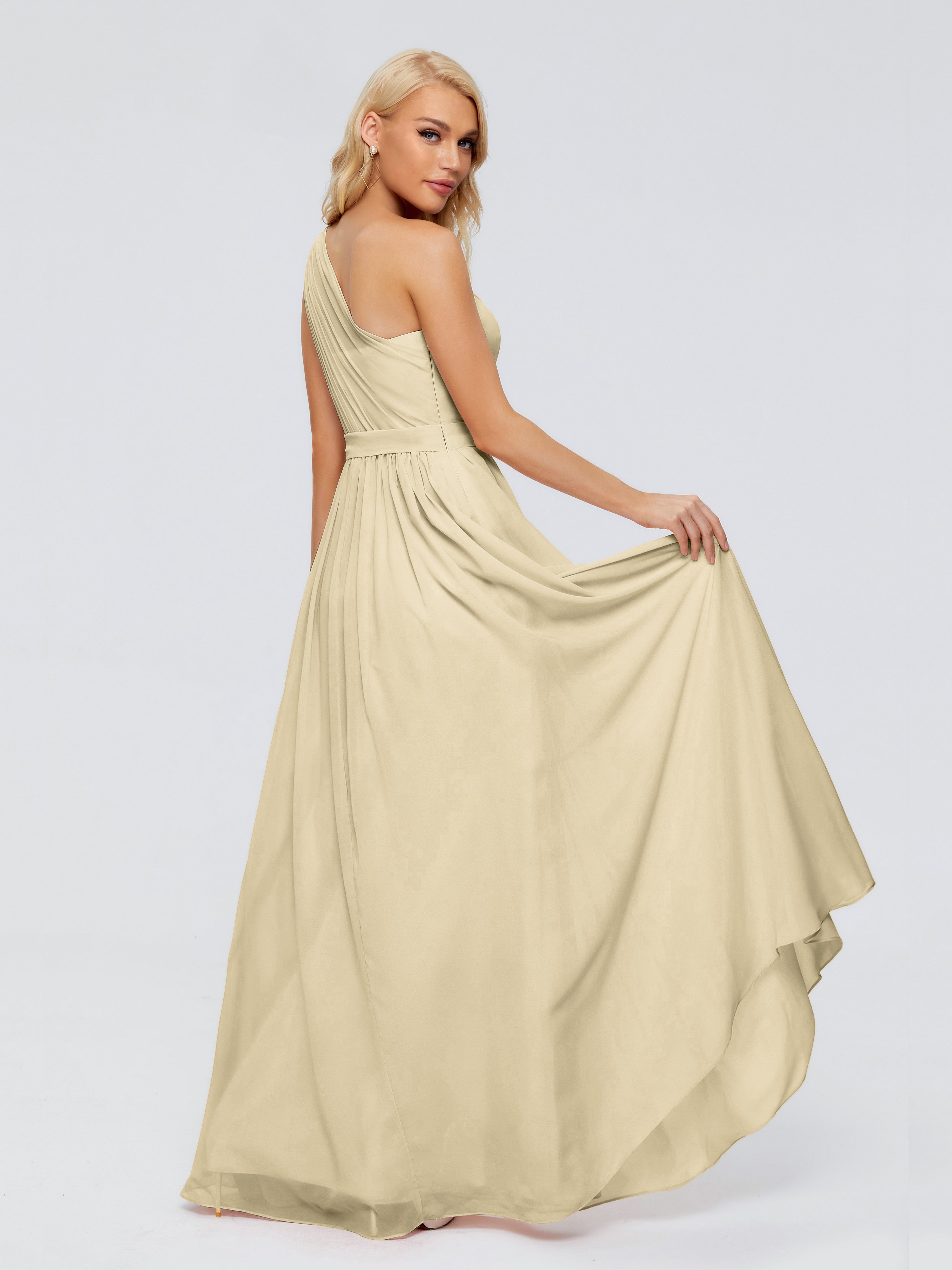 Robe Champagne Demoiselle D Honneur Trapèze Seule-Épaule Ruban Mousseline Robes Demoiselle D'Honneur