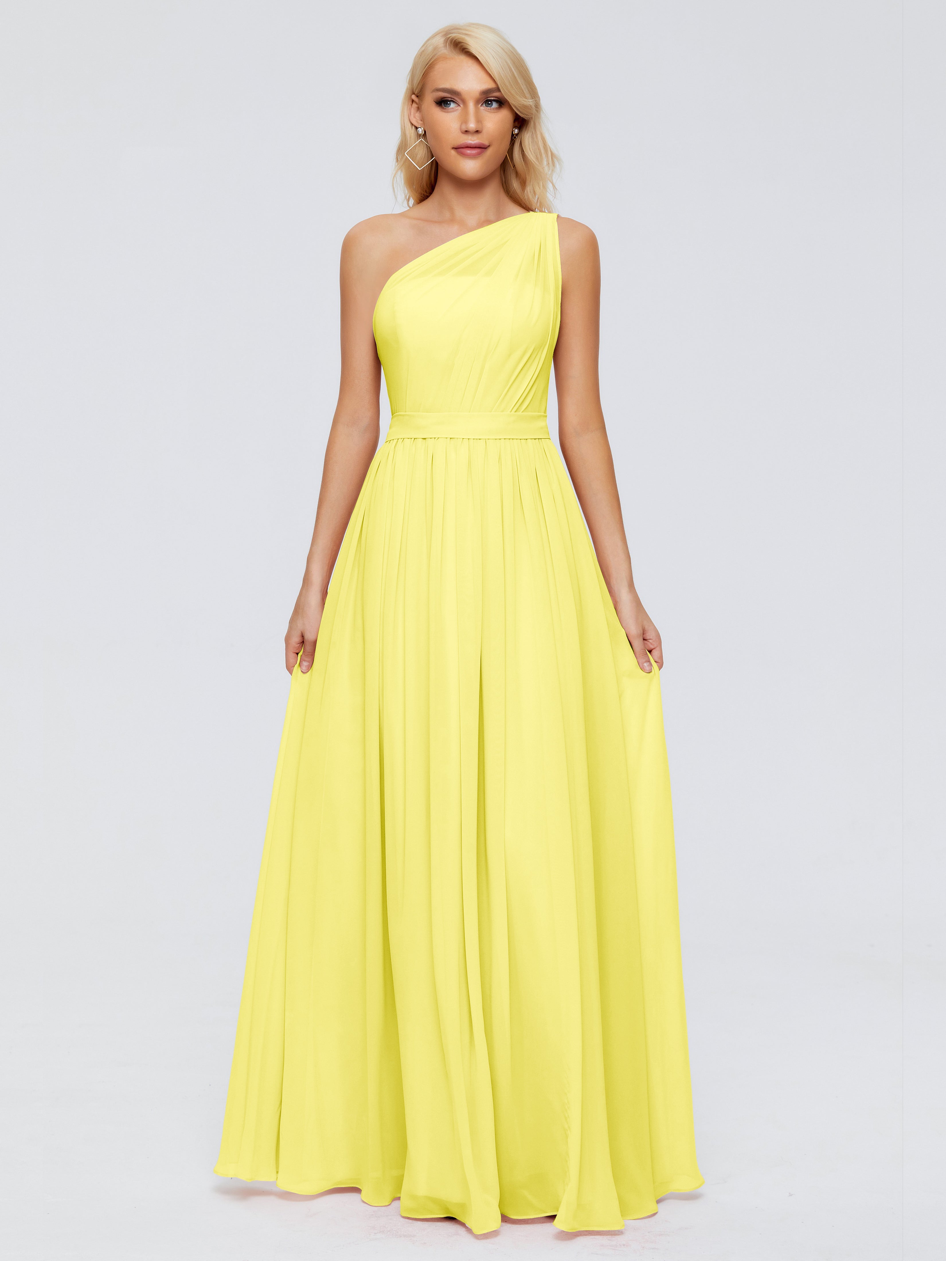 Robes De Demoiselle D'Honneur Citron Trapèze Seule-Épaule Ruban Mousseline Robes Demoiselle D'Honneur