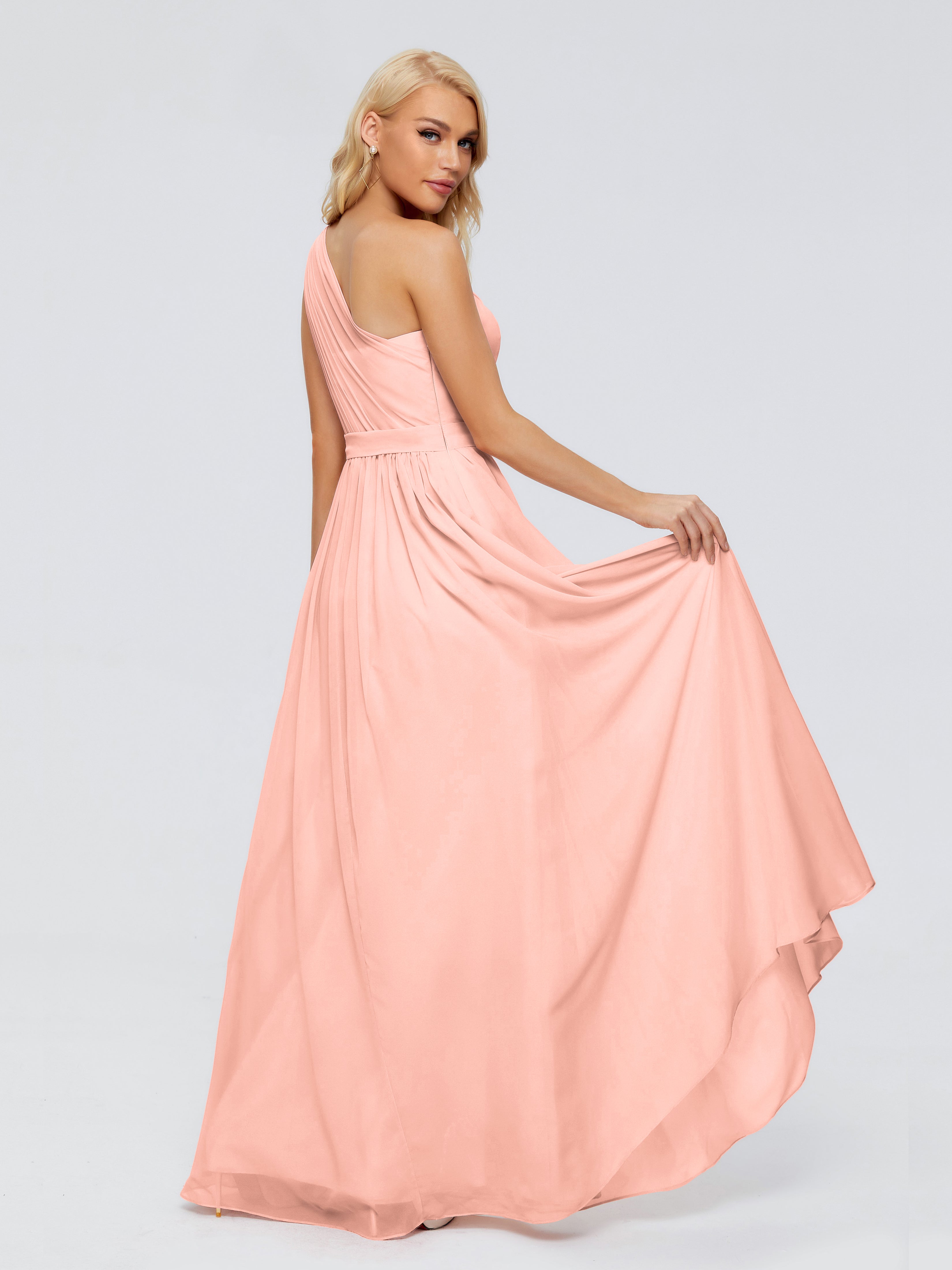 Robe Corail Demoiselle D Honneur Trapèze Seule-Épaule Ruban Mousseline Robes Demoiselle D'Honneur