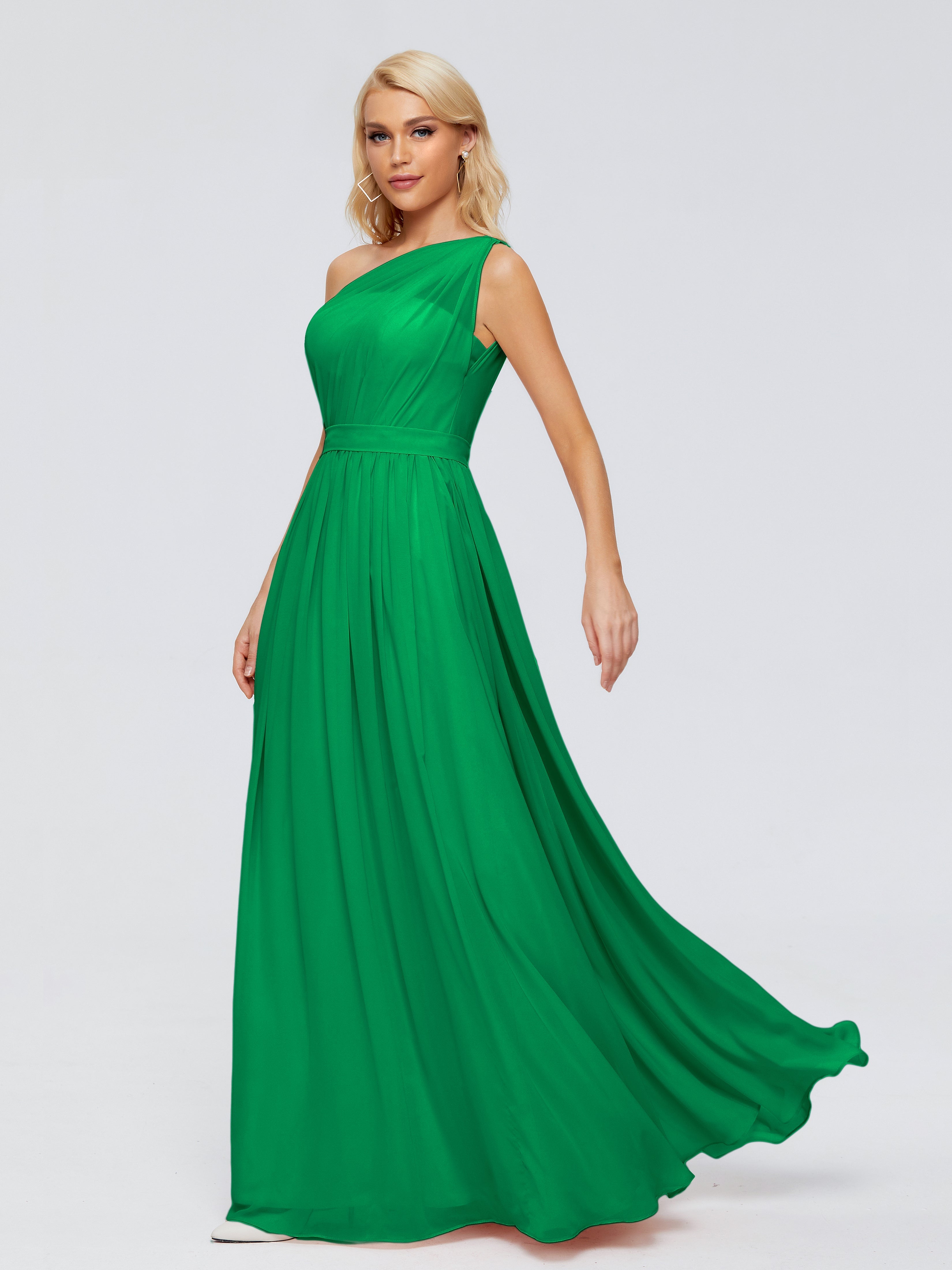 Robe Vert Emeraude Demoiselle D Honneur Trapèze Seule-Épaule Ruban Mousseline Robes Demoiselle D'Honneur