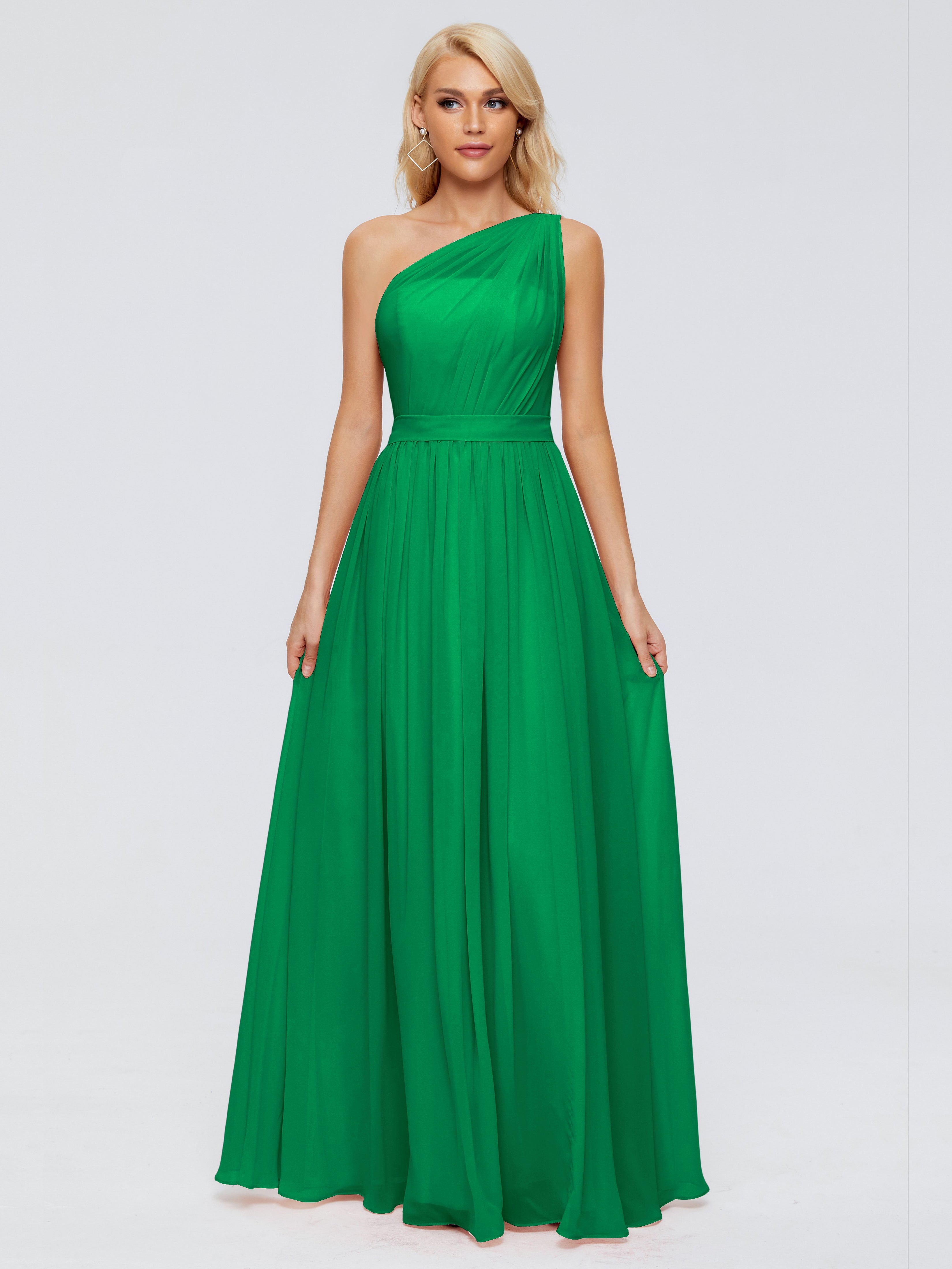 Robe Vert Emeraude Demoiselle D Honneur Trapèze Seule-Épaule Ruban Mousseline Robes Demoiselle D'Honneur