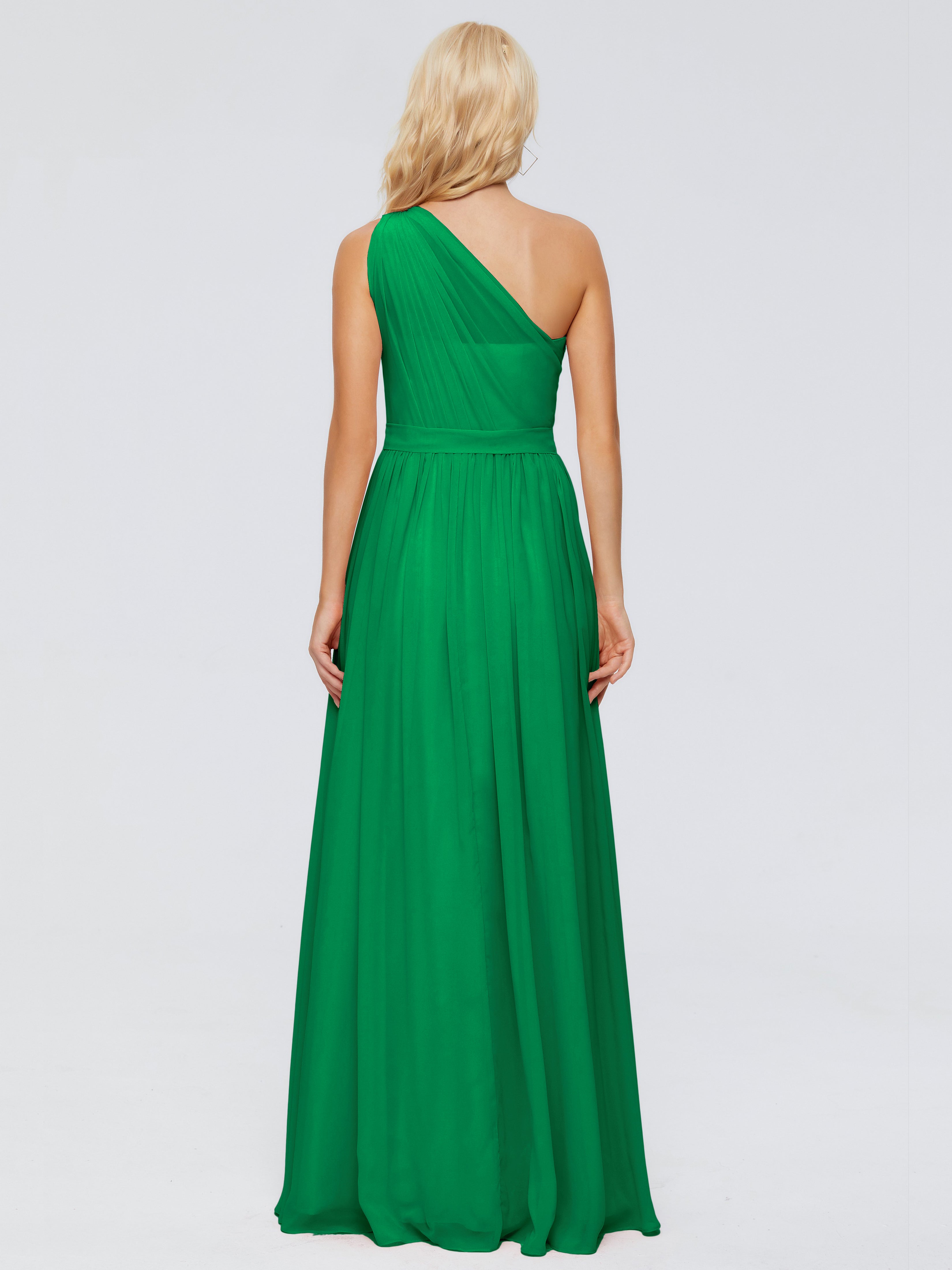 Robe Vert Emeraude Demoiselle D Honneur Trapèze Seule-Épaule Ruban Mousseline Robes Demoiselle D'Honneur
