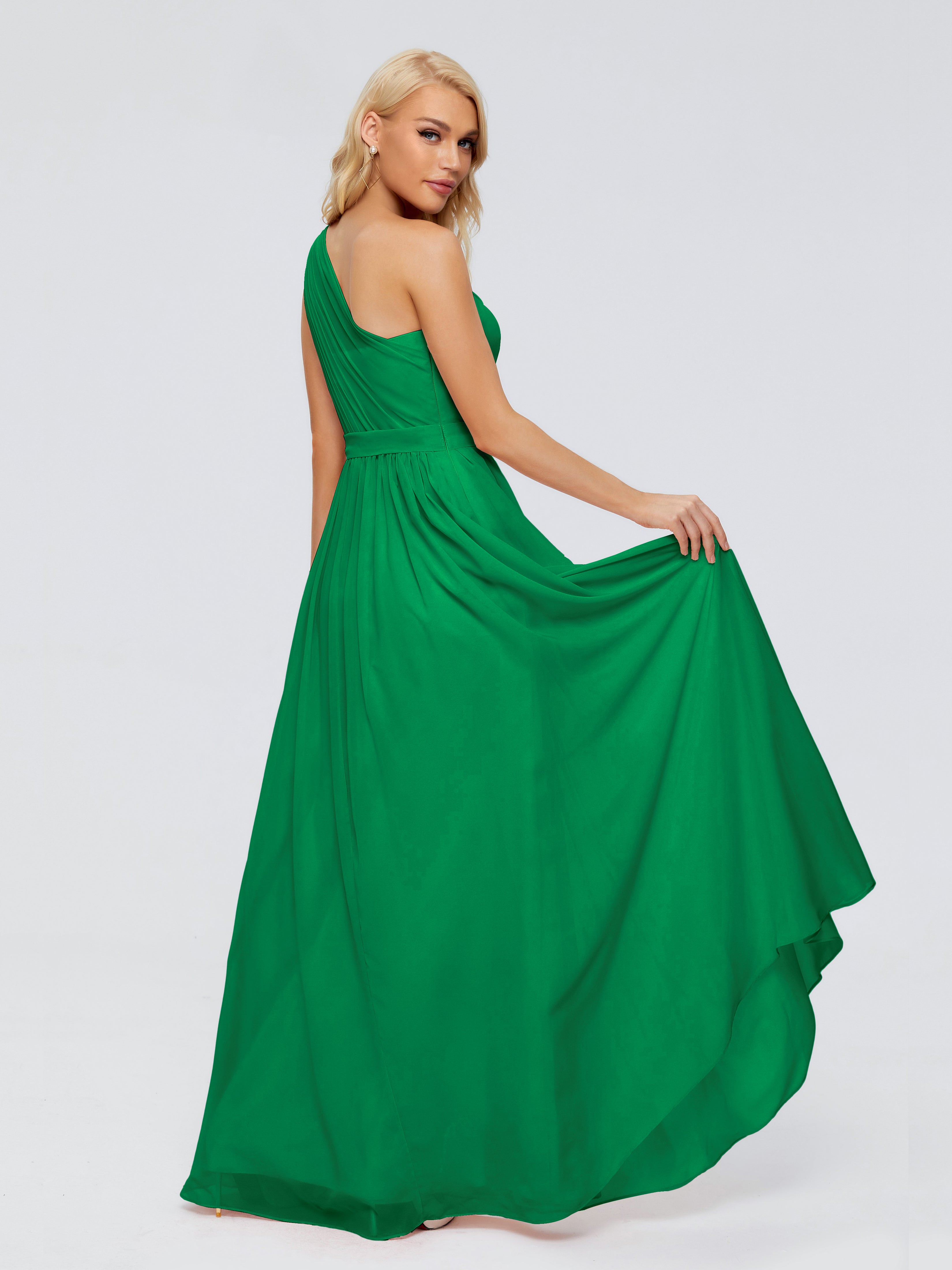 Robe Vert Emeraude Demoiselle D Honneur Trapèze Seule-Épaule Ruban Mousseline Robes Demoiselle D'Honneur