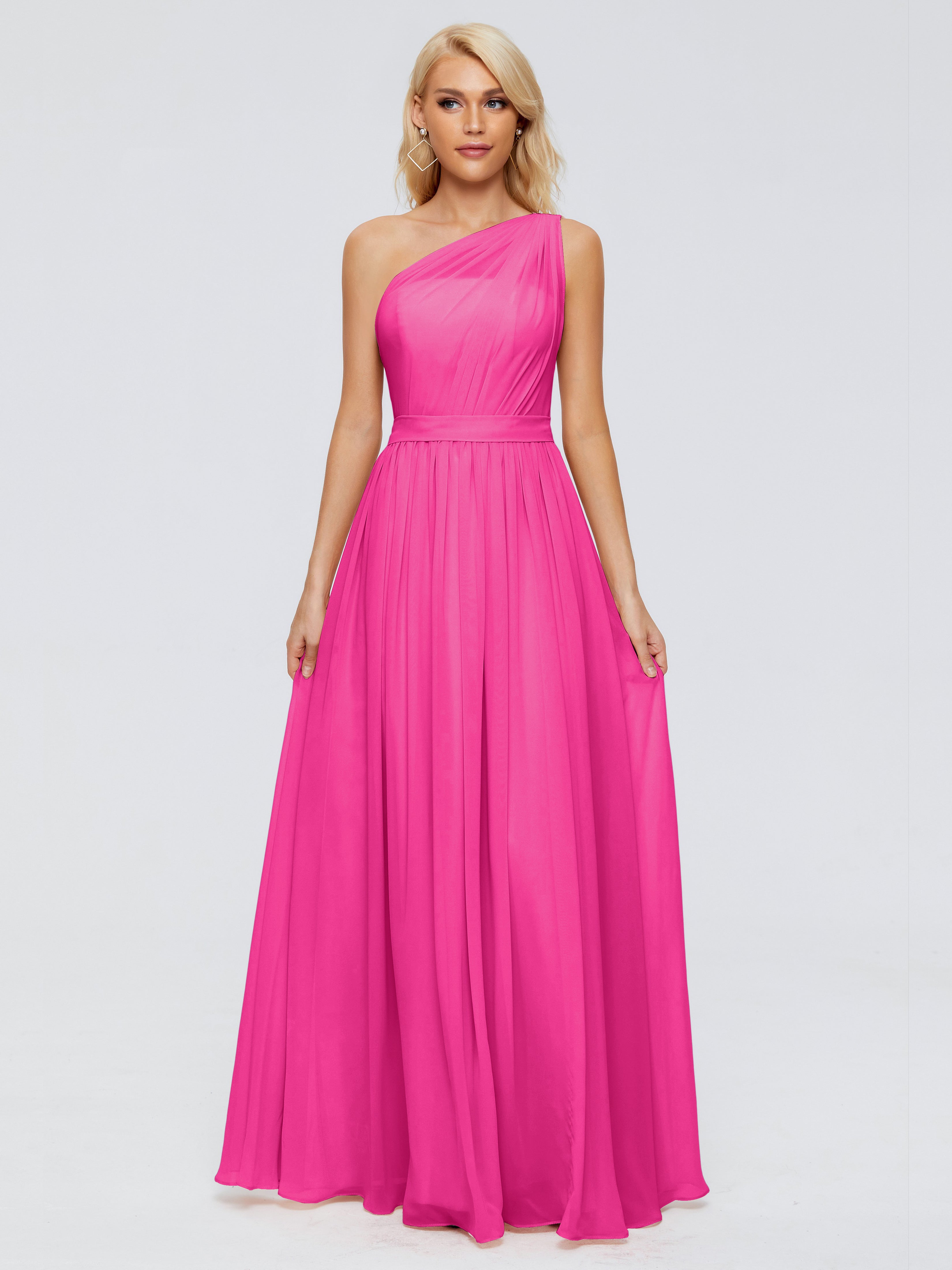 Robe Fuchsia Demoiselle D Honneur Trapèze Seule-Épaule Ruban Mousseline Robes Demoiselle D'Honneur
