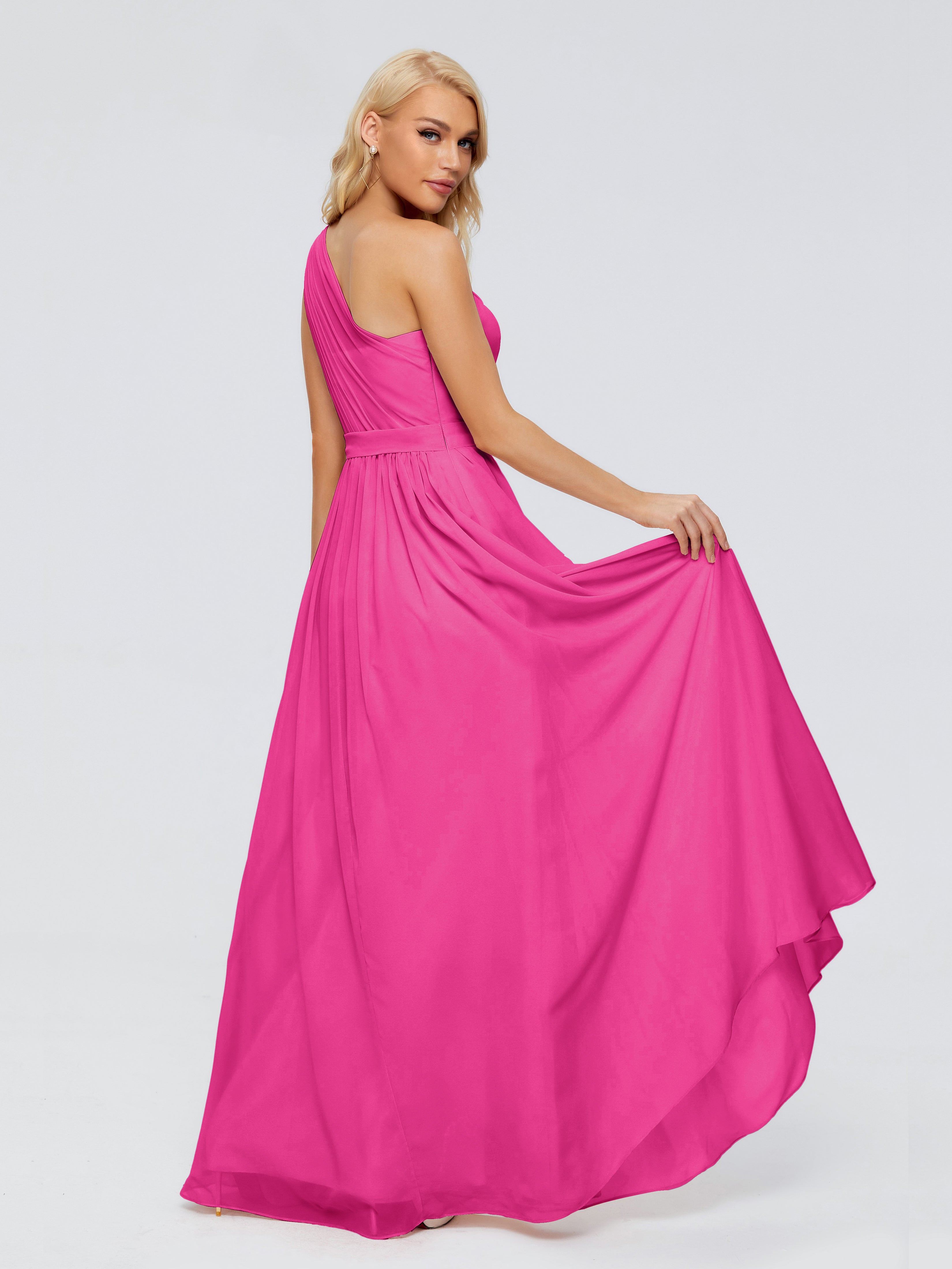 Robe Fuchsia Demoiselle D Honneur Trapèze Seule-Épaule Ruban Mousseline Robes Demoiselle D'Honneur