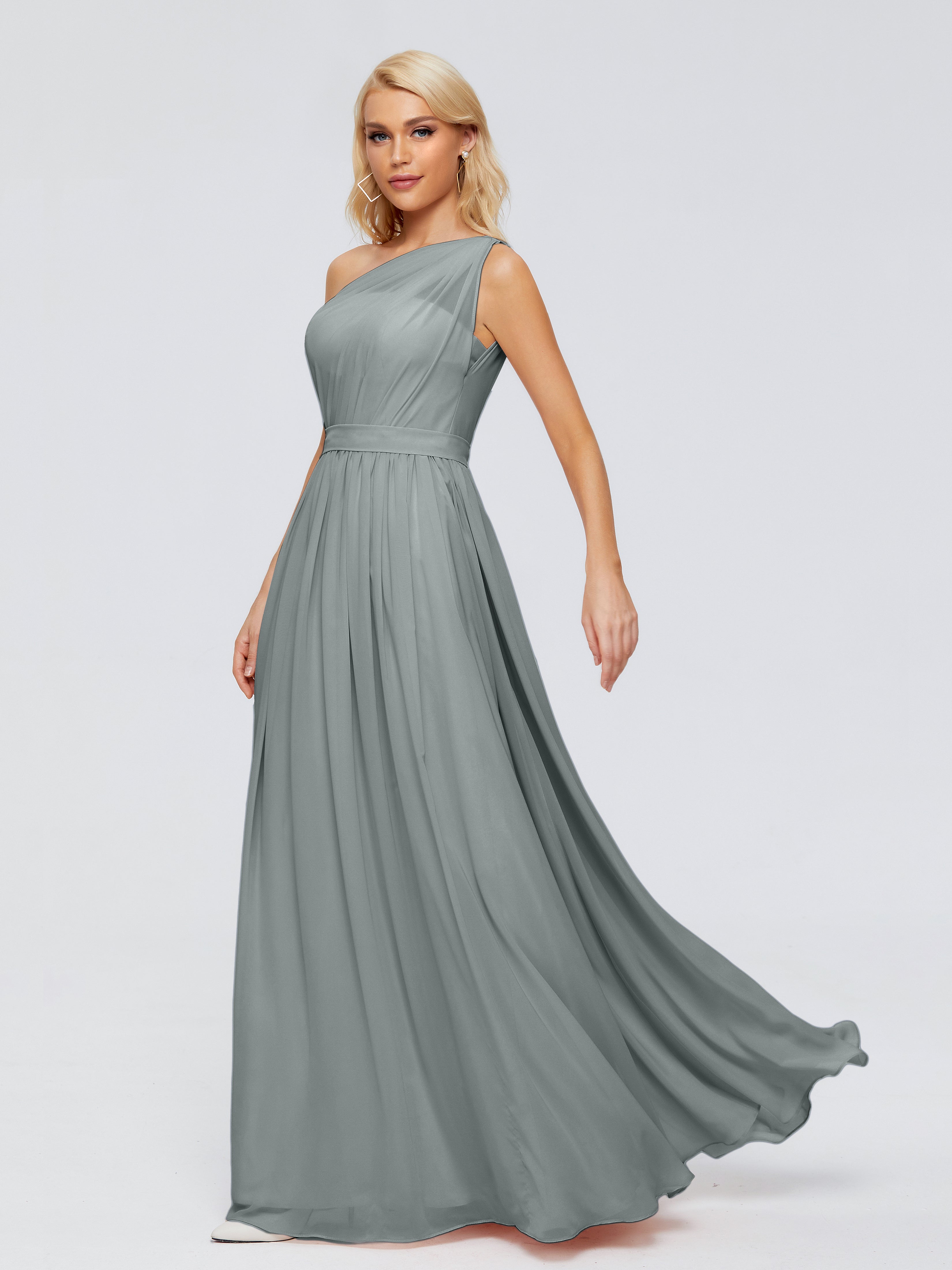 Robe Grise Demoiselle D Honneur Trapèze Seule-Épaule Ruban Mousseline Robes Demoiselle D'Honneur