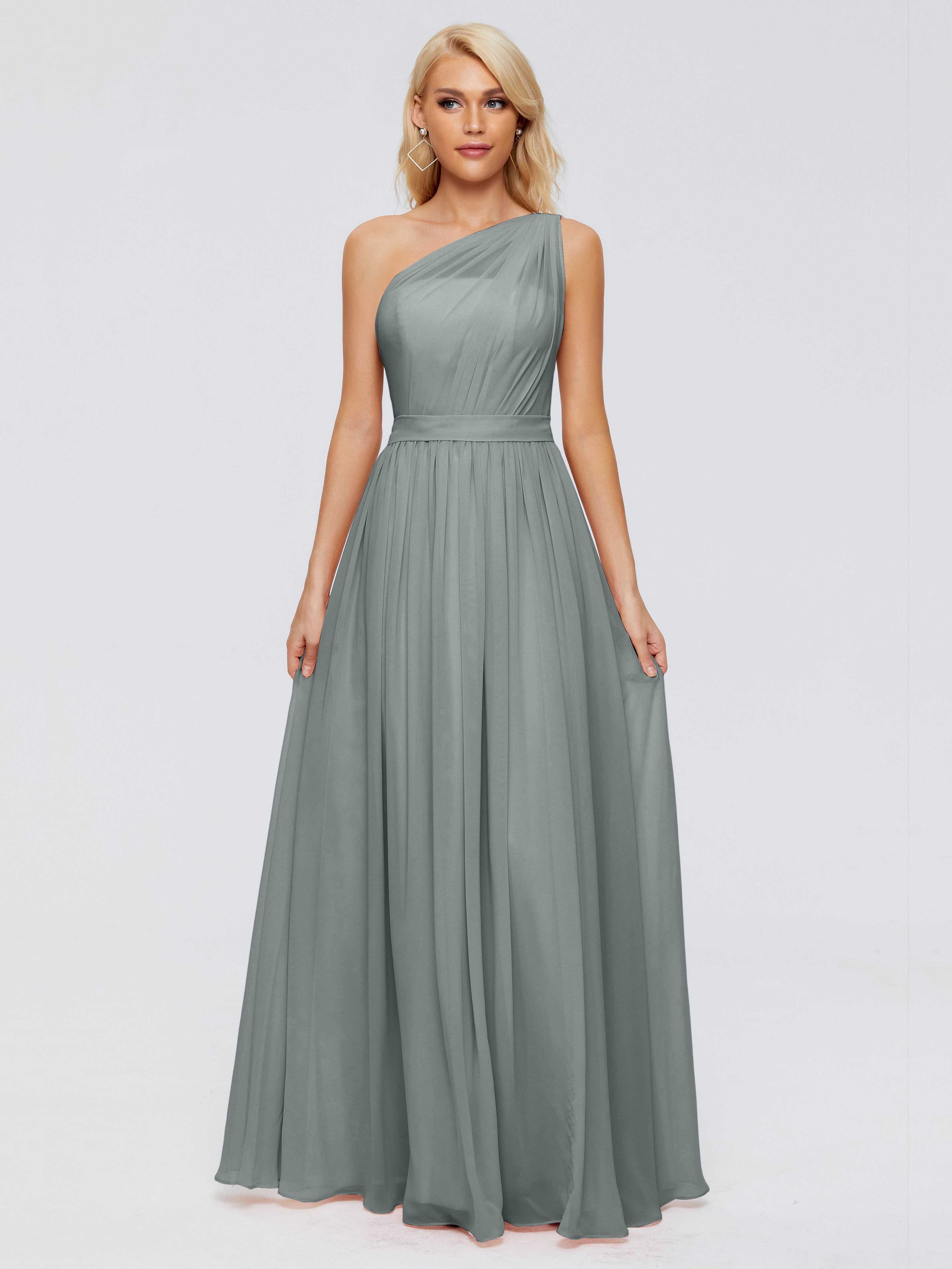 Robe Grise Demoiselle D Honneur Trapèze Seule-Épaule Ruban Mousseline Robes Demoiselle D'Honneur