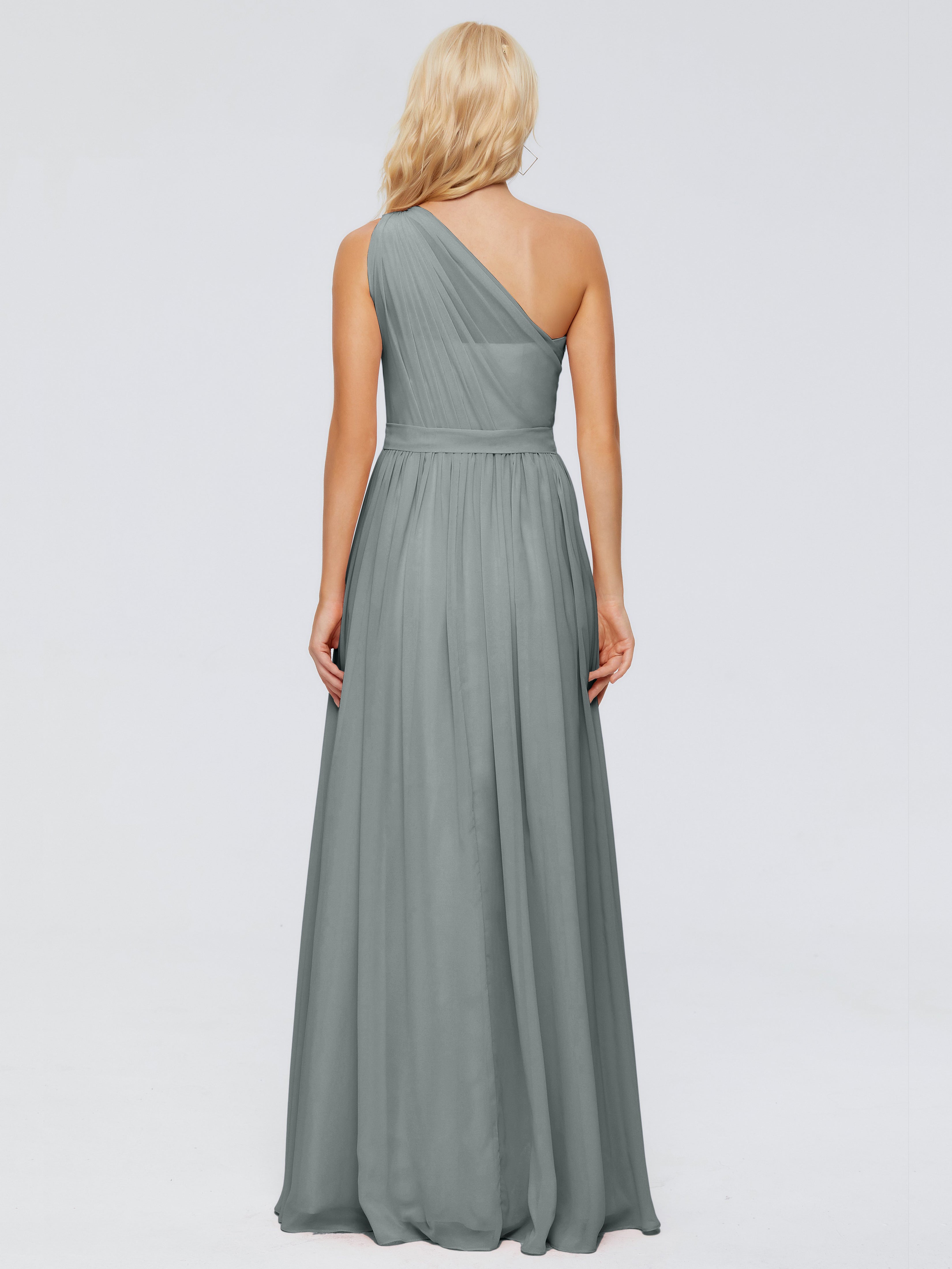 Robe Grise Demoiselle D Honneur Trapèze Seule-Épaule Ruban Mousseline Robes Demoiselle D'Honneur