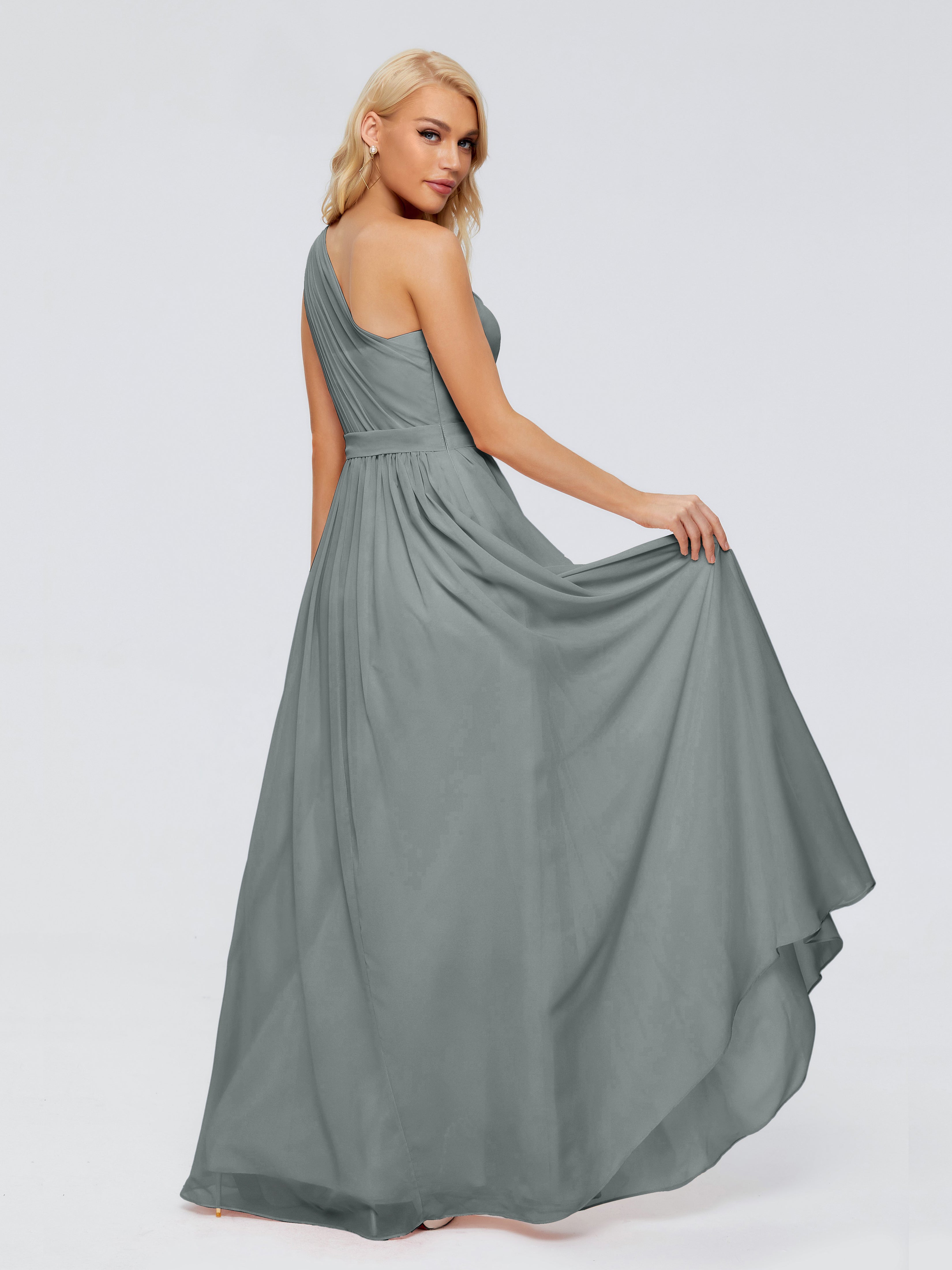 Robe Grise Demoiselle D Honneur Trapèze Seule-Épaule Ruban Mousseline Robes Demoiselle D'Honneur