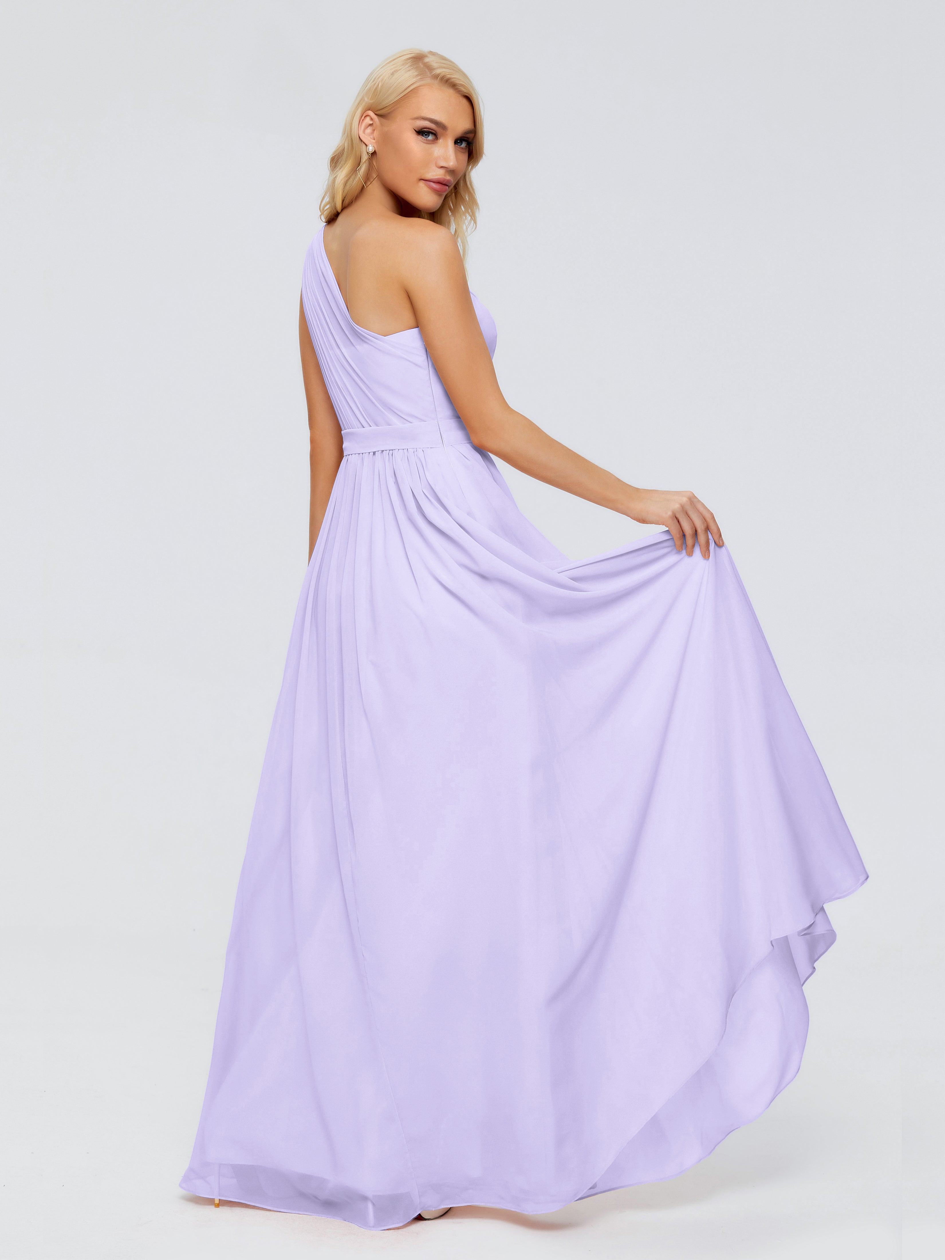 Robe Lilas Demoiselle D Honneur Trapèze Seule-Épaule Ruban Mousseline Robes Demoiselle D'Honneur