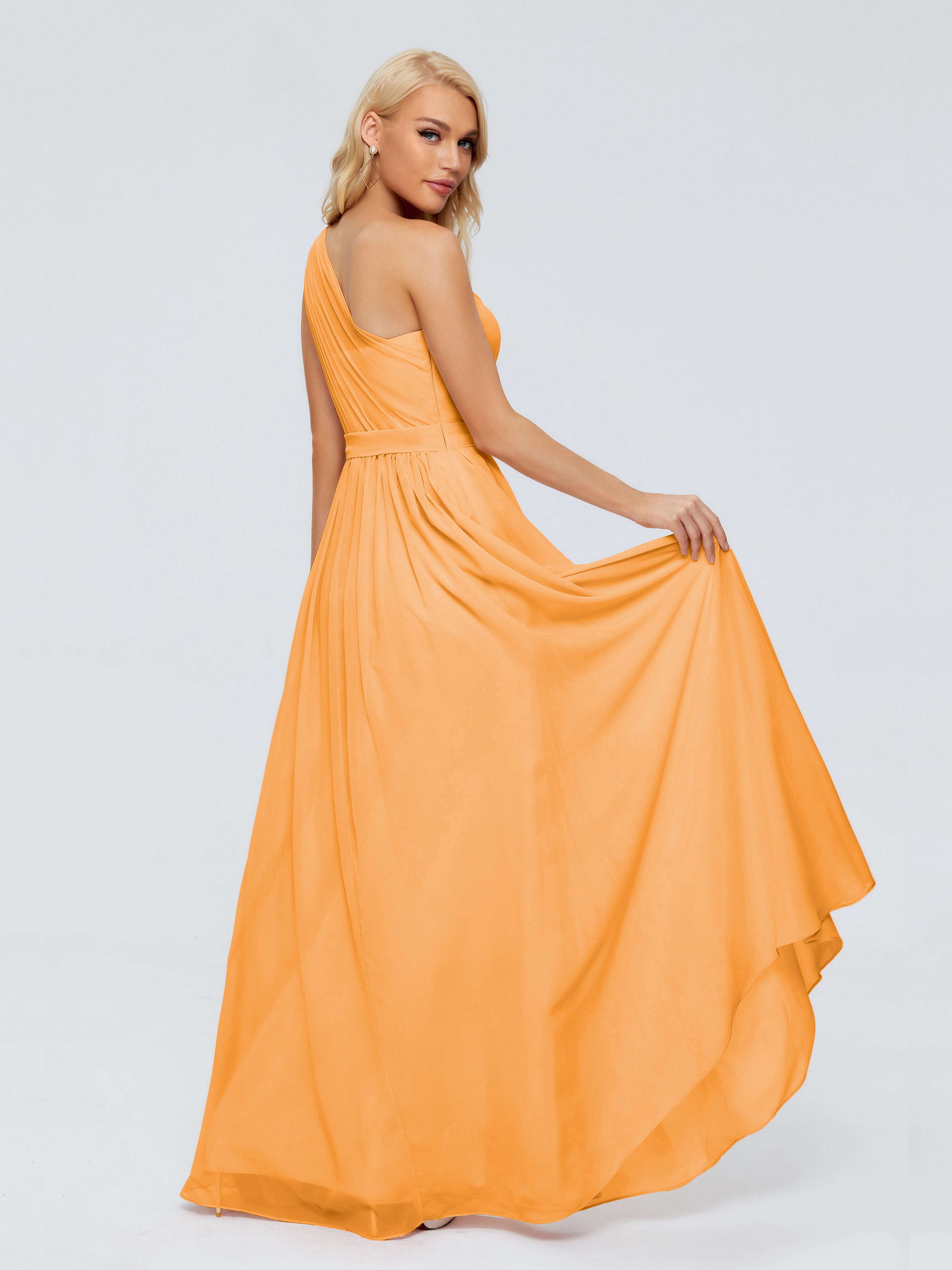 Robes De Demoiselle D'Honneur Mandarine Trapèze Seule-Épaule Ruban Mousseline Robes Demoiselle D'Honneur