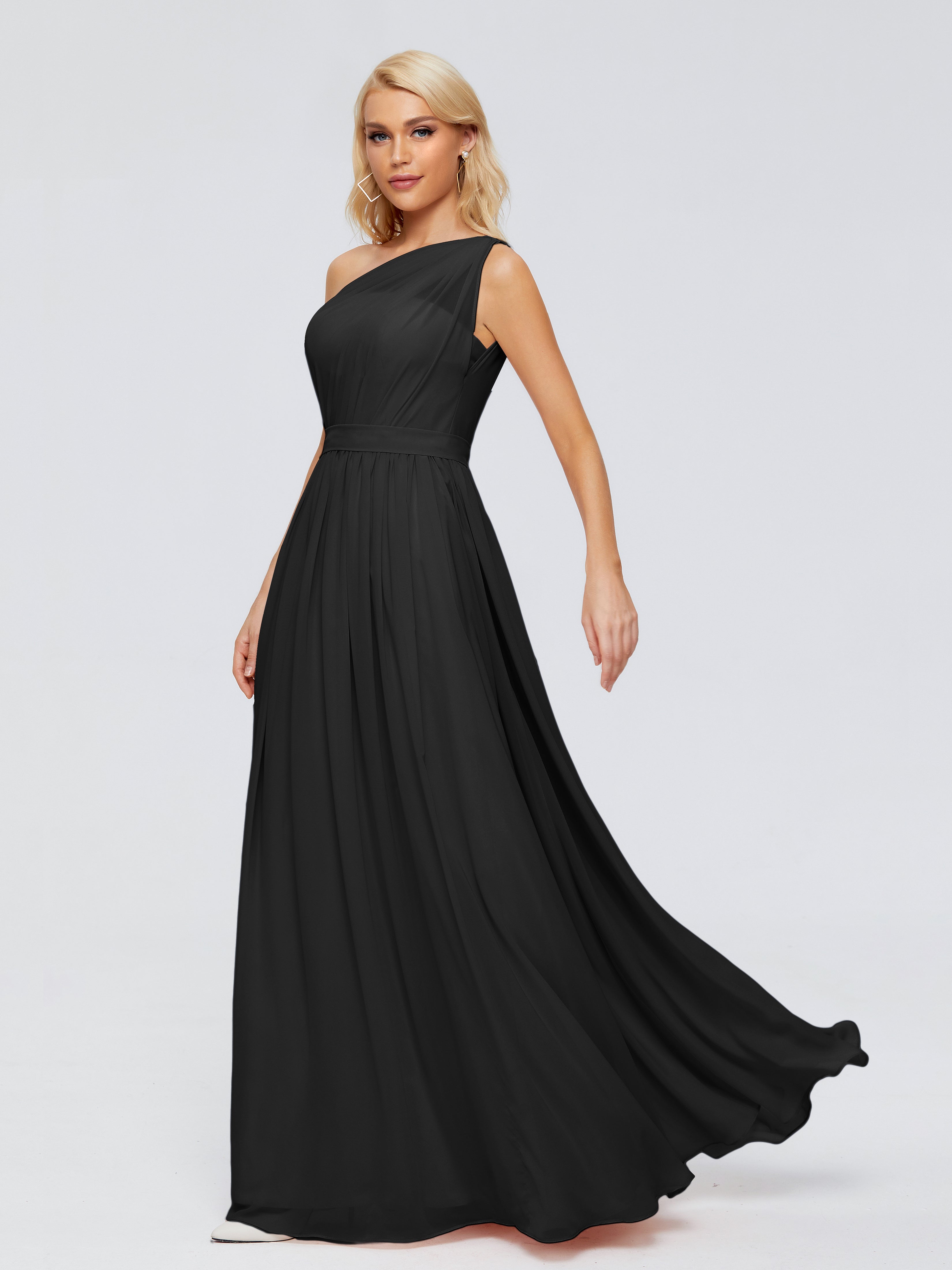 Robe Demoiselle D Honneur Noir Trapèze Seule-Épaule Ruban Mousseline Robes Demoiselle D'Honneur