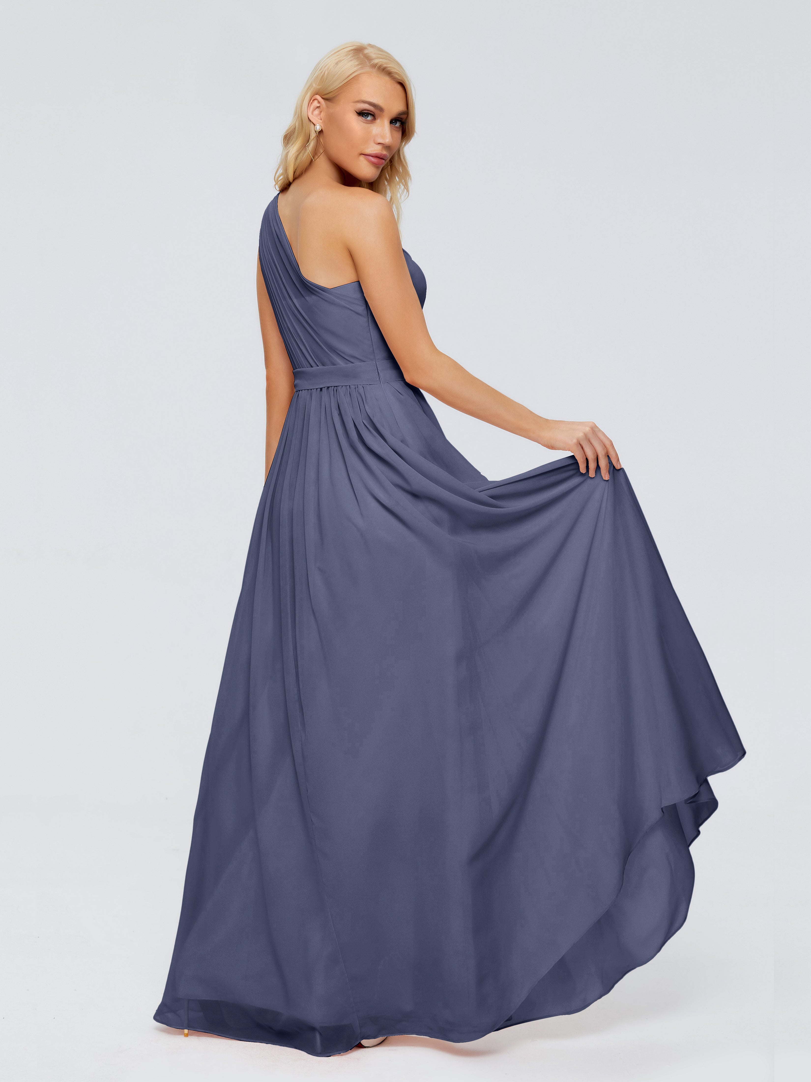 Robes De Demoiselle D'Honneur Bleu Orageux Trapèze Seule-Épaule Ruban Mousseline Robes Demoiselle D'Honneur