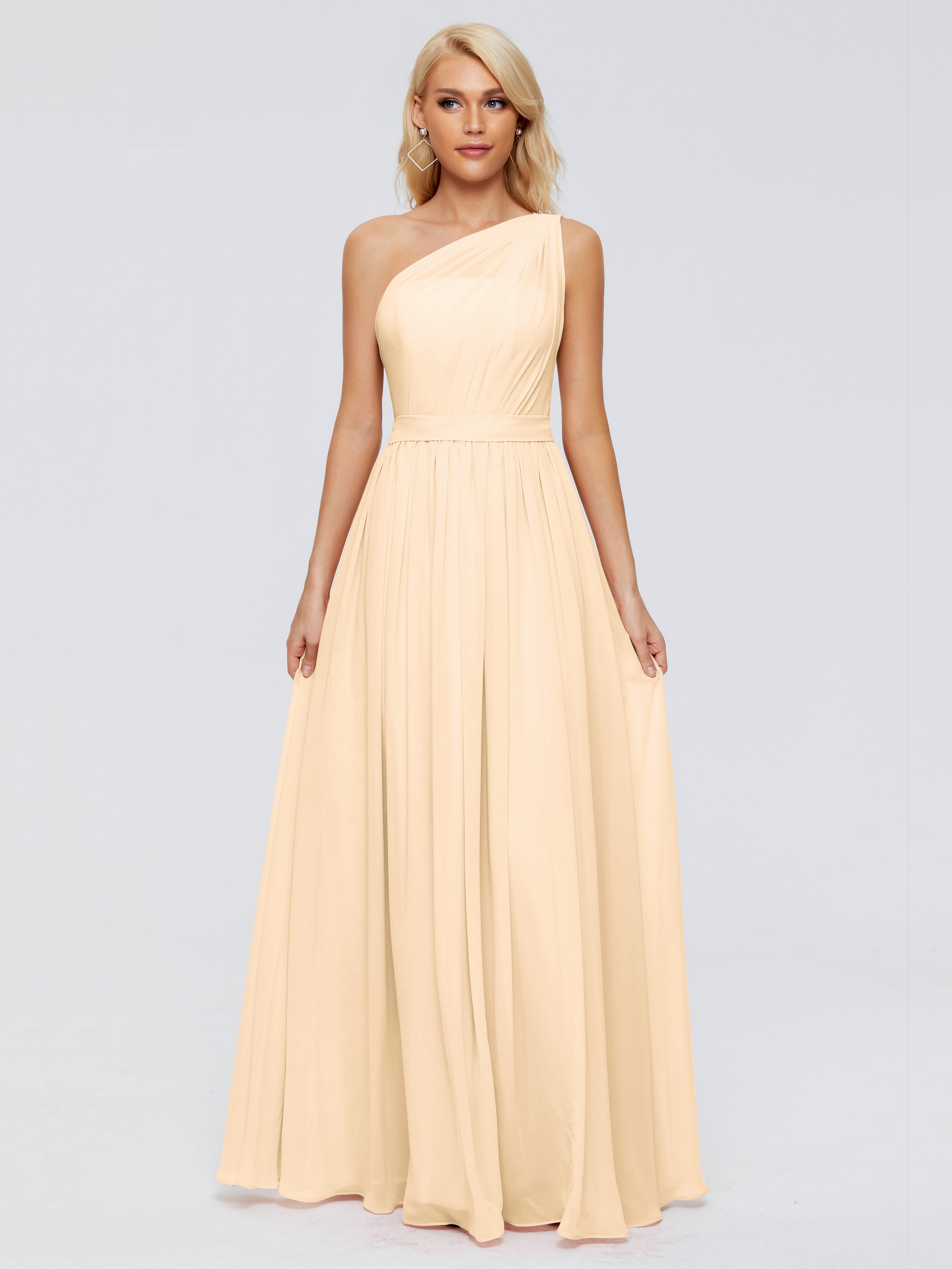 Robe Peche Demoiselle D Honneur Trapèze Seule-Épaule Ruban Mousseline Robes Demoiselle D'Honneur