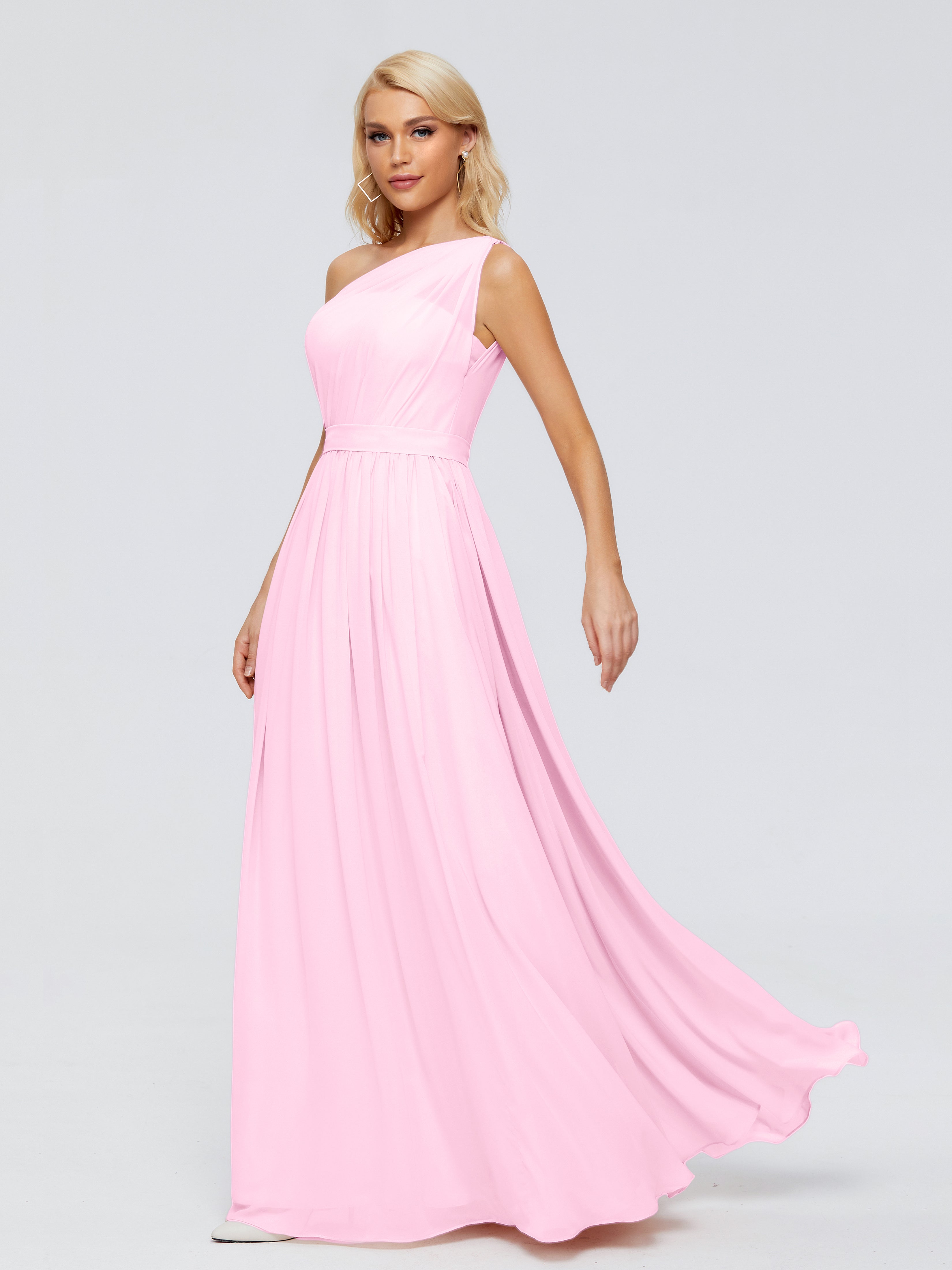 Robe Demoiselle D Honneur Rose Bonbon Trapèze Seule-Épaule Ruban Mousseline Robes Demoiselle D'Honneur