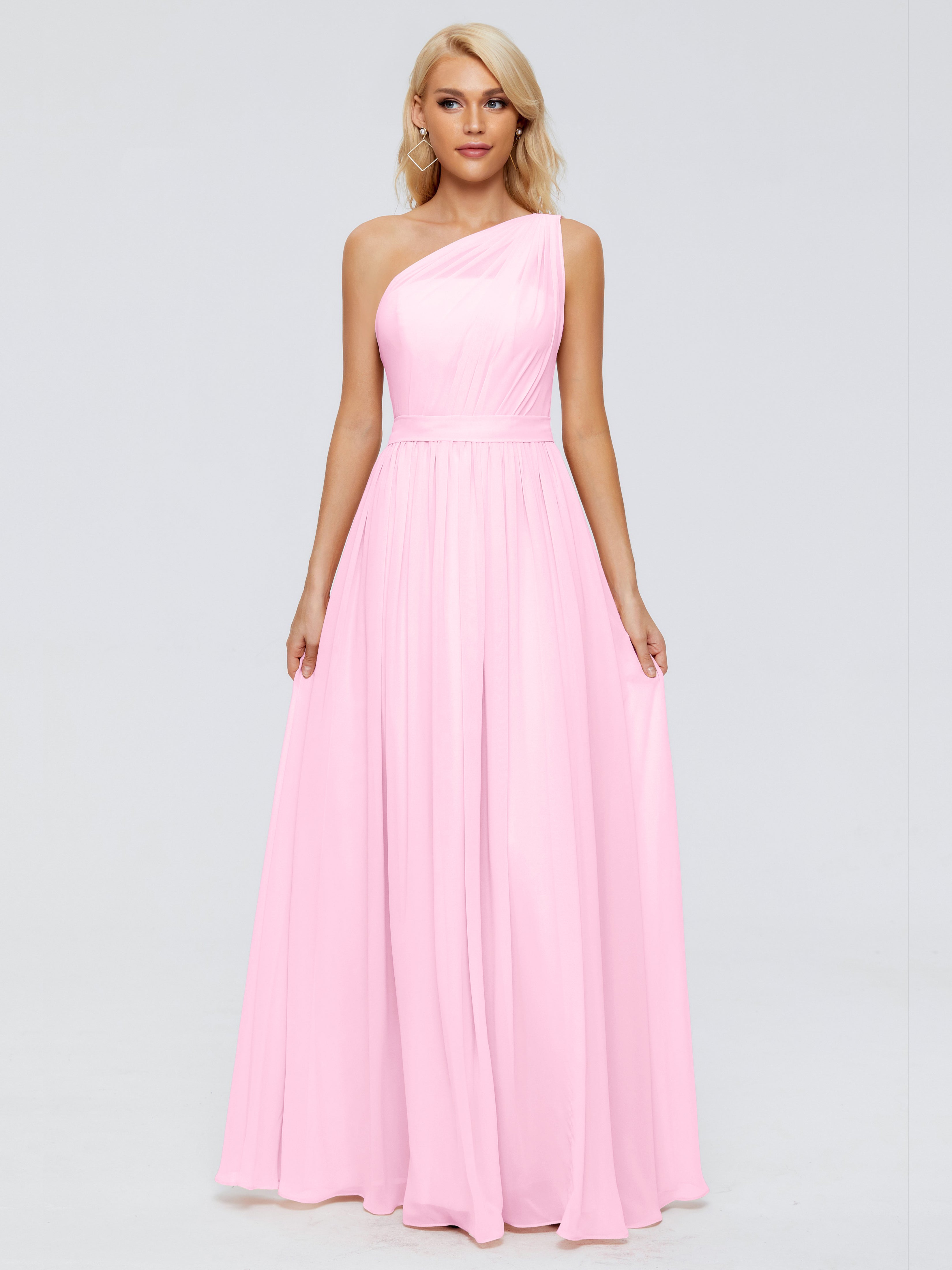 Robe Demoiselle D Honneur Rose Bonbon Trapèze Seule-Épaule Ruban Mousseline Robes Demoiselle D'Honneur