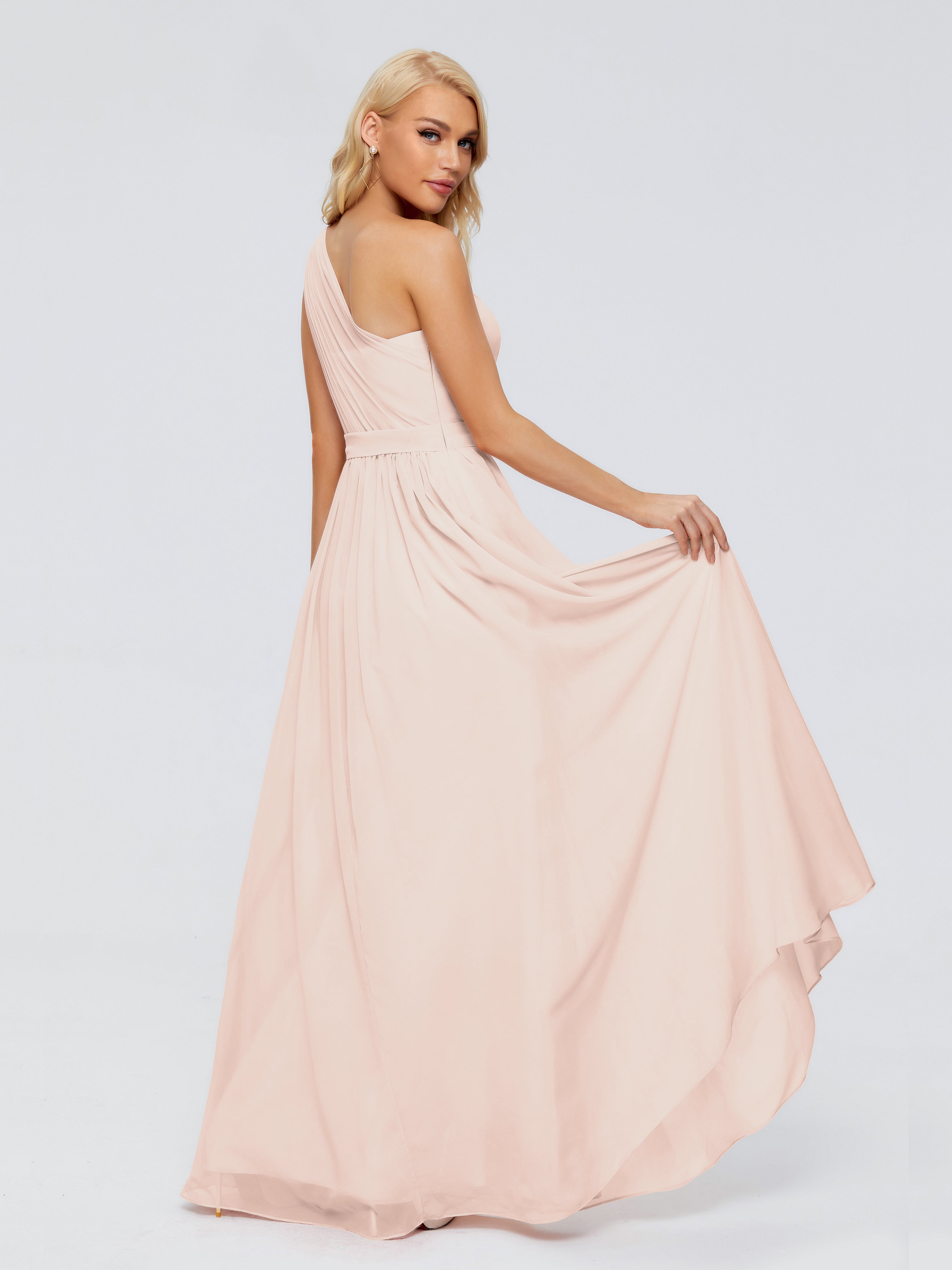 Robe Demoiselle D Honneur Rose Perle Trapèze Seule-Épaule Ruban Mousseline Robes Demoiselle D'Honneur