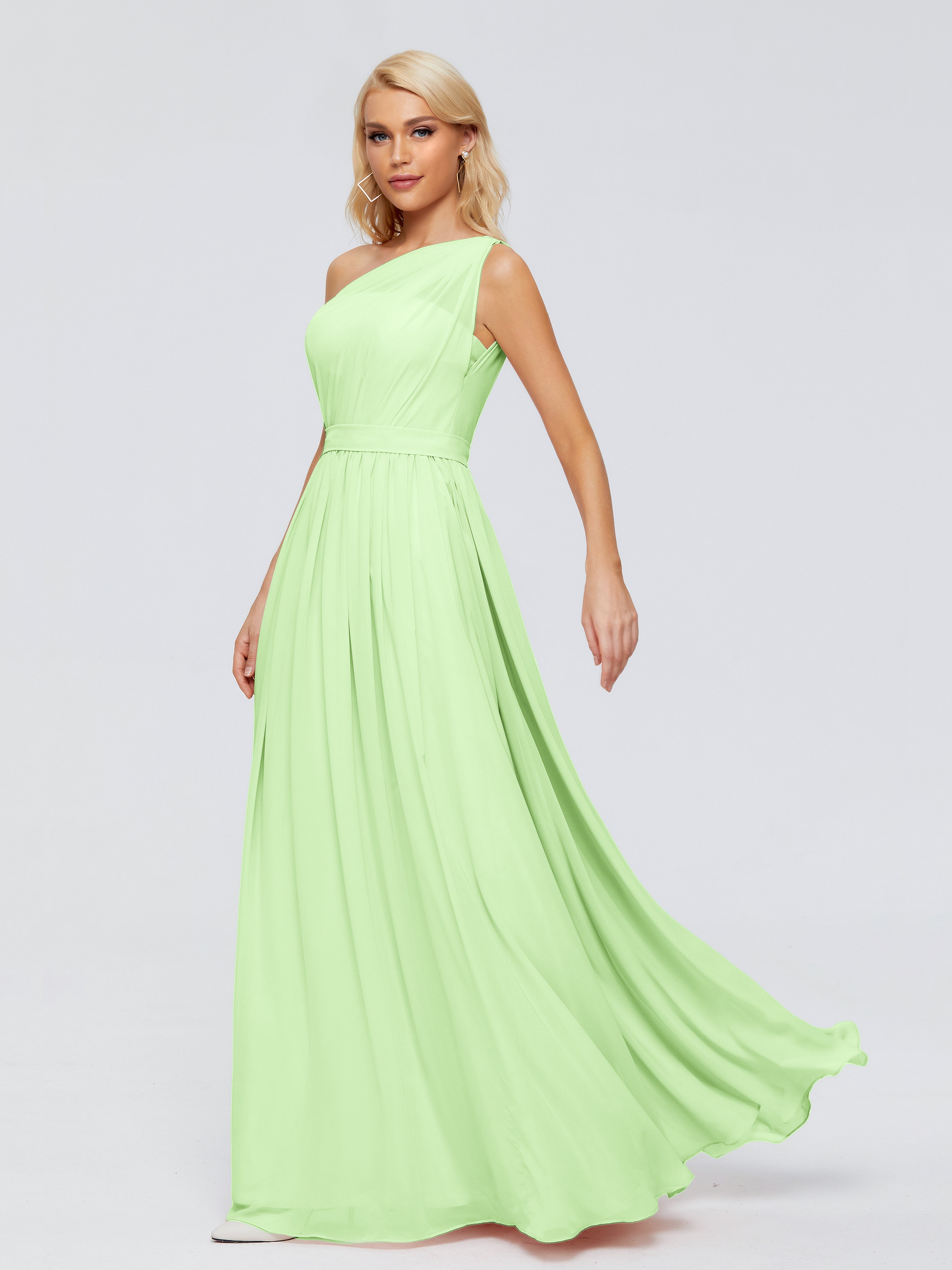 Robe Vert Sauge Demoiselle D Honneur Trapèze Seule-Épaule Ruban Mousseline Robes Demoiselle D'Honneur