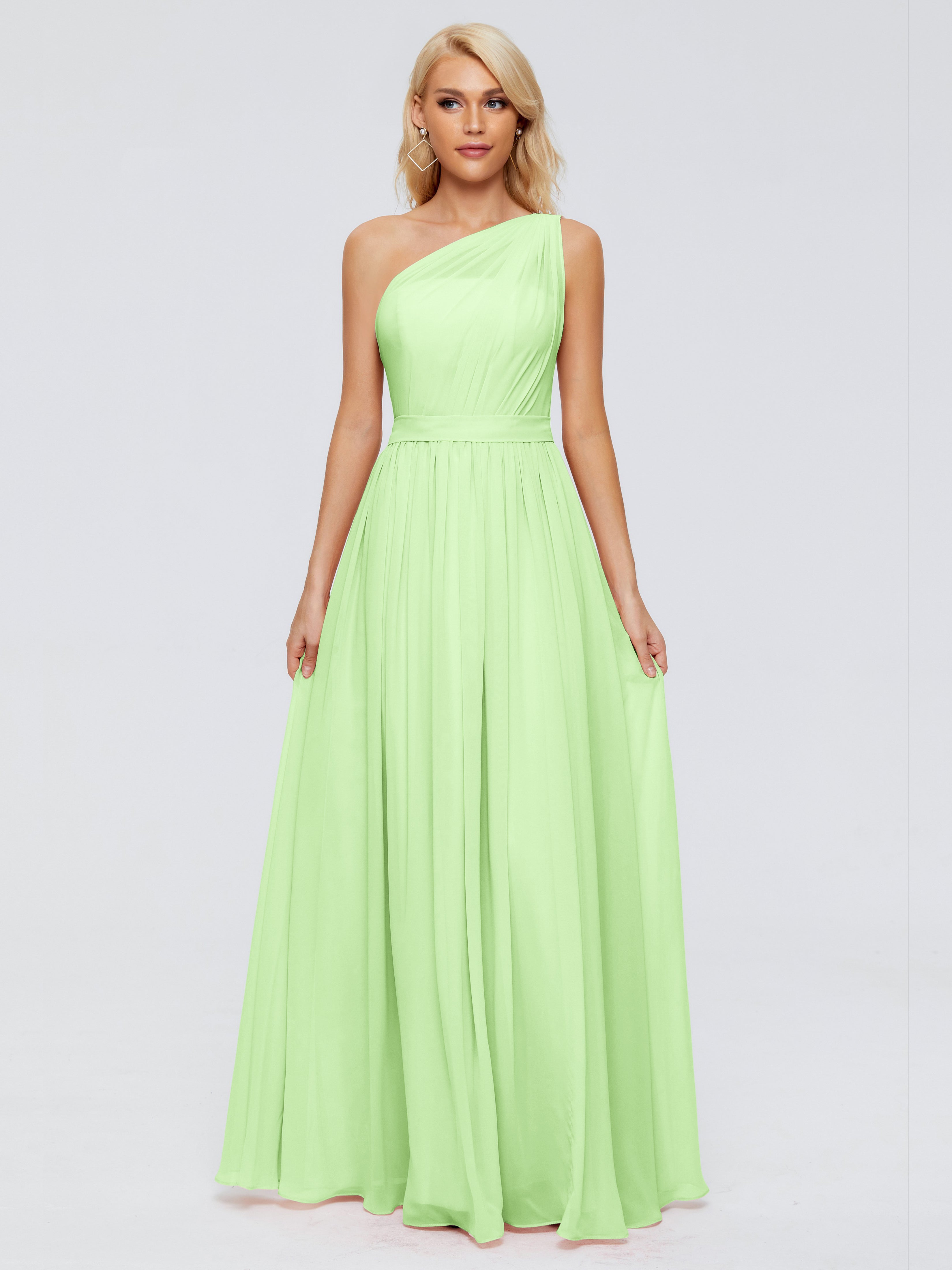 Robe Vert Sauge Demoiselle D Honneur Trapèze Seule-Épaule Ruban Mousseline Robes Demoiselle D'Honneur