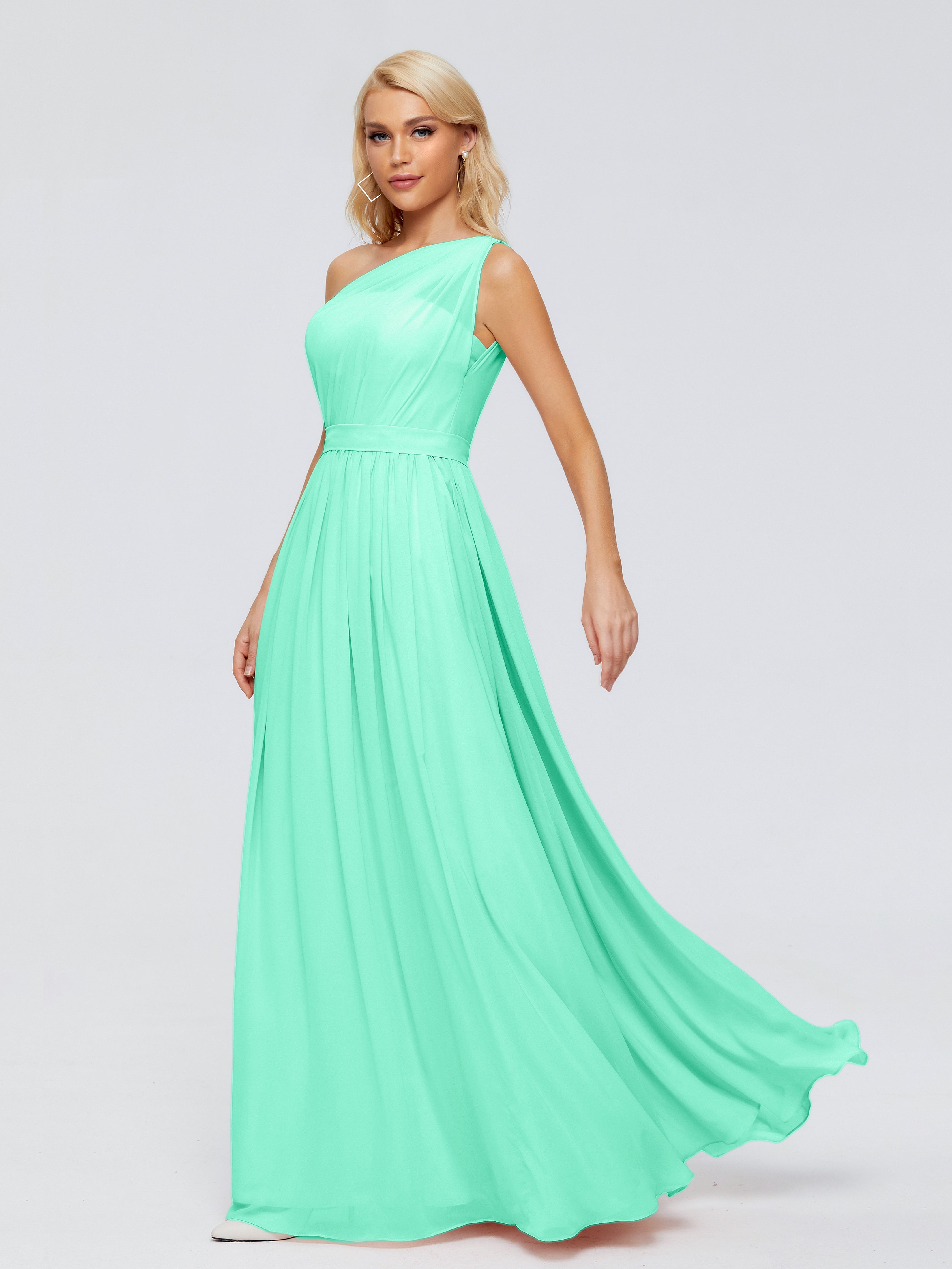 Robe Demoiselle D Honneur Turquoise Trapèze Seule-Épaule Ruban Mousseline Robes Demoiselle D'Honneur