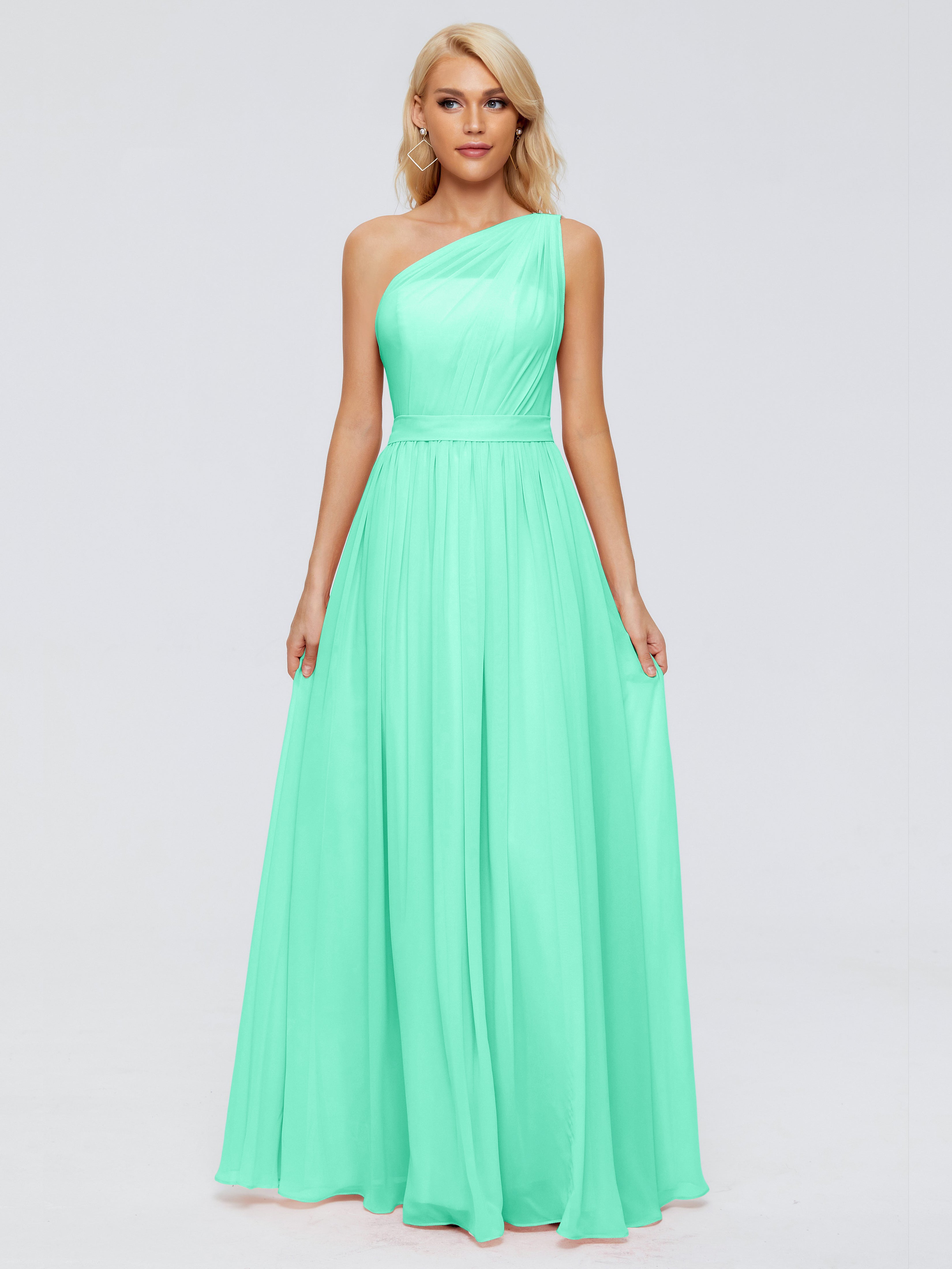 Robe Demoiselle D Honneur Turquoise Trapèze Seule-Épaule Ruban Mousseline Robes Demoiselle D'Honneur