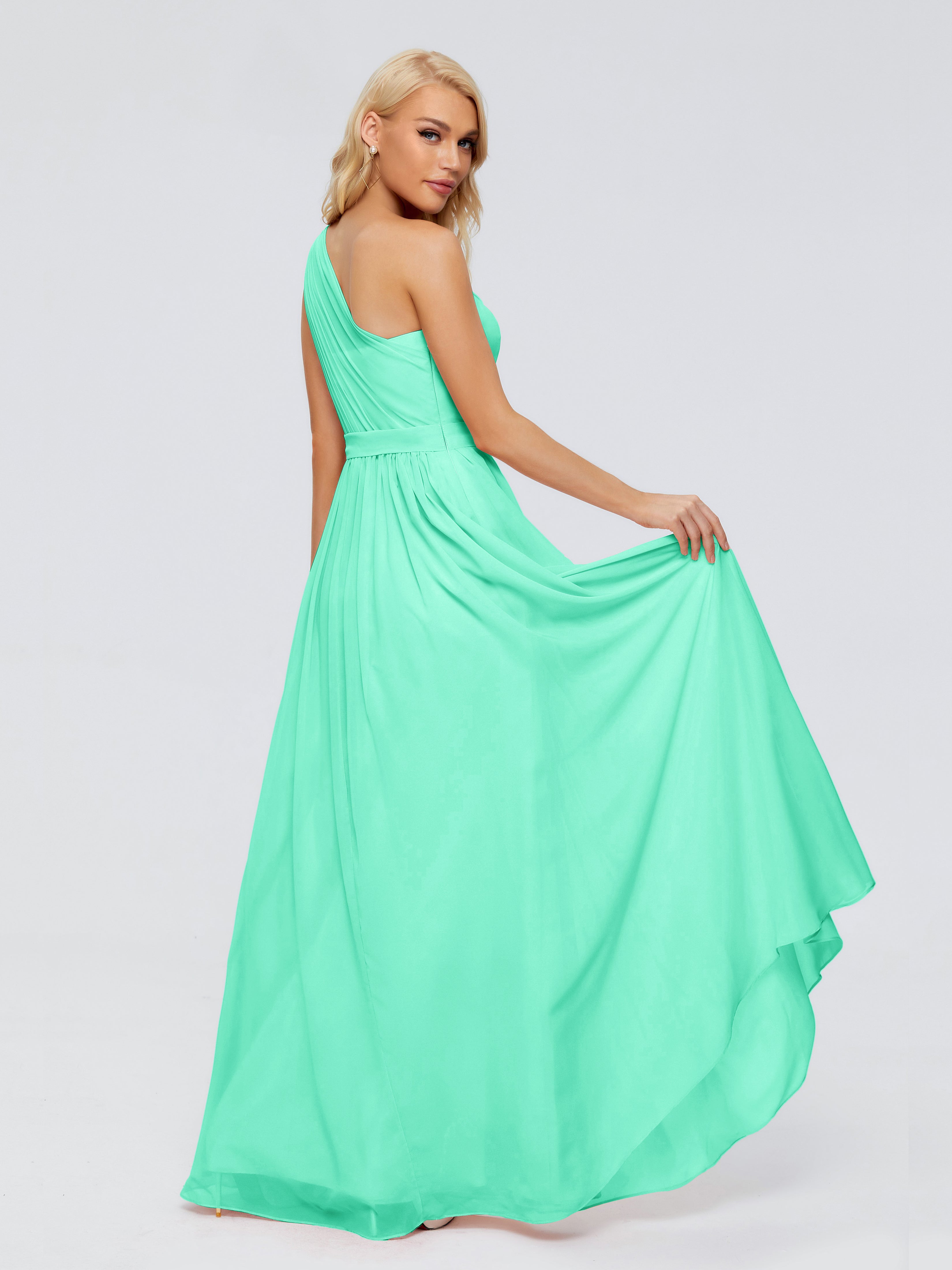 Robe Demoiselle D Honneur Turquoise Trapèze Seule-Épaule Ruban Mousseline Robes Demoiselle D'Honneur