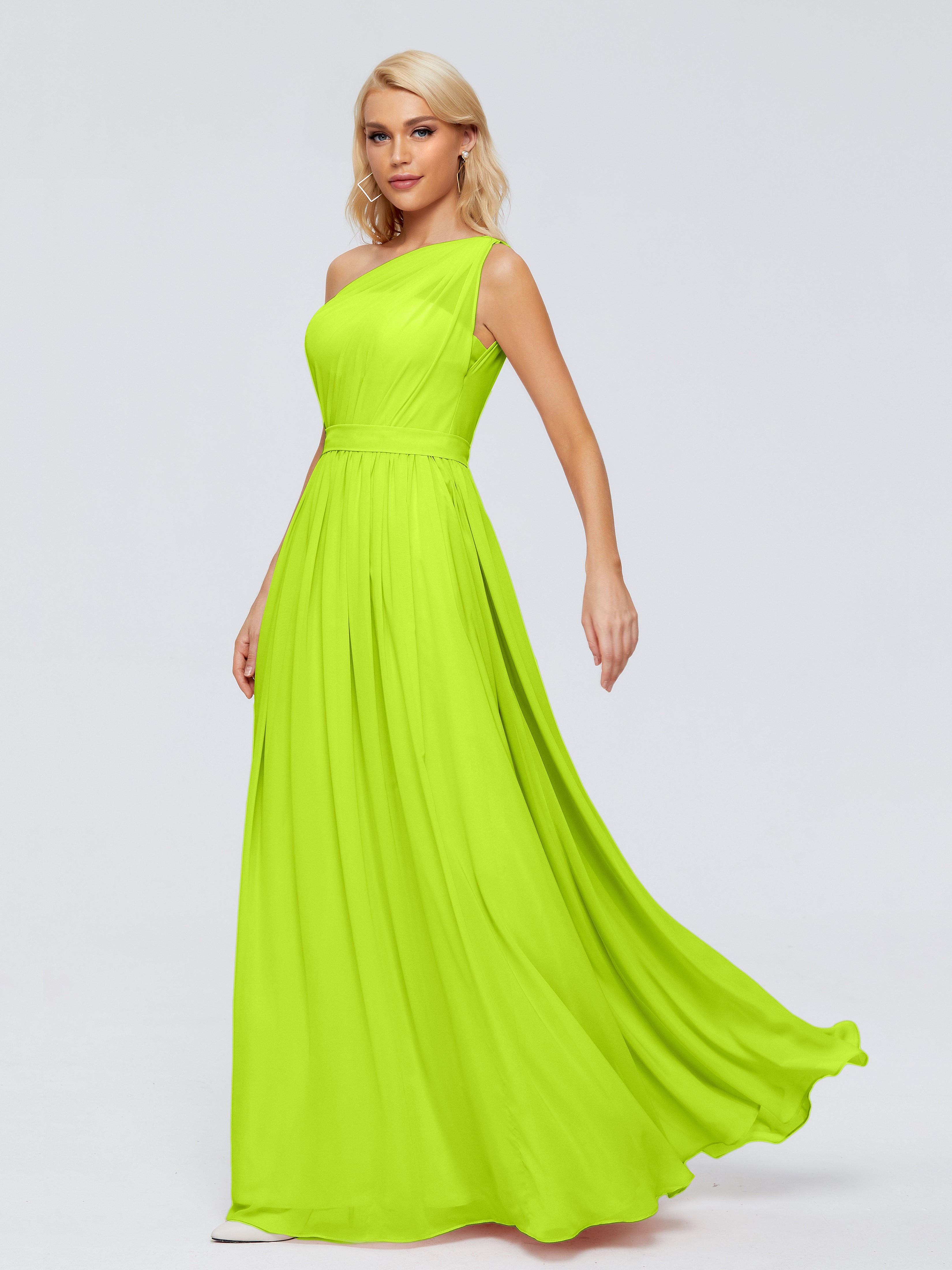 Robes De Demoiselle D'Honneur Vert Citron Trapèze Seule-Épaule Ruban Mousseline Robes Demoiselle D'Honneur