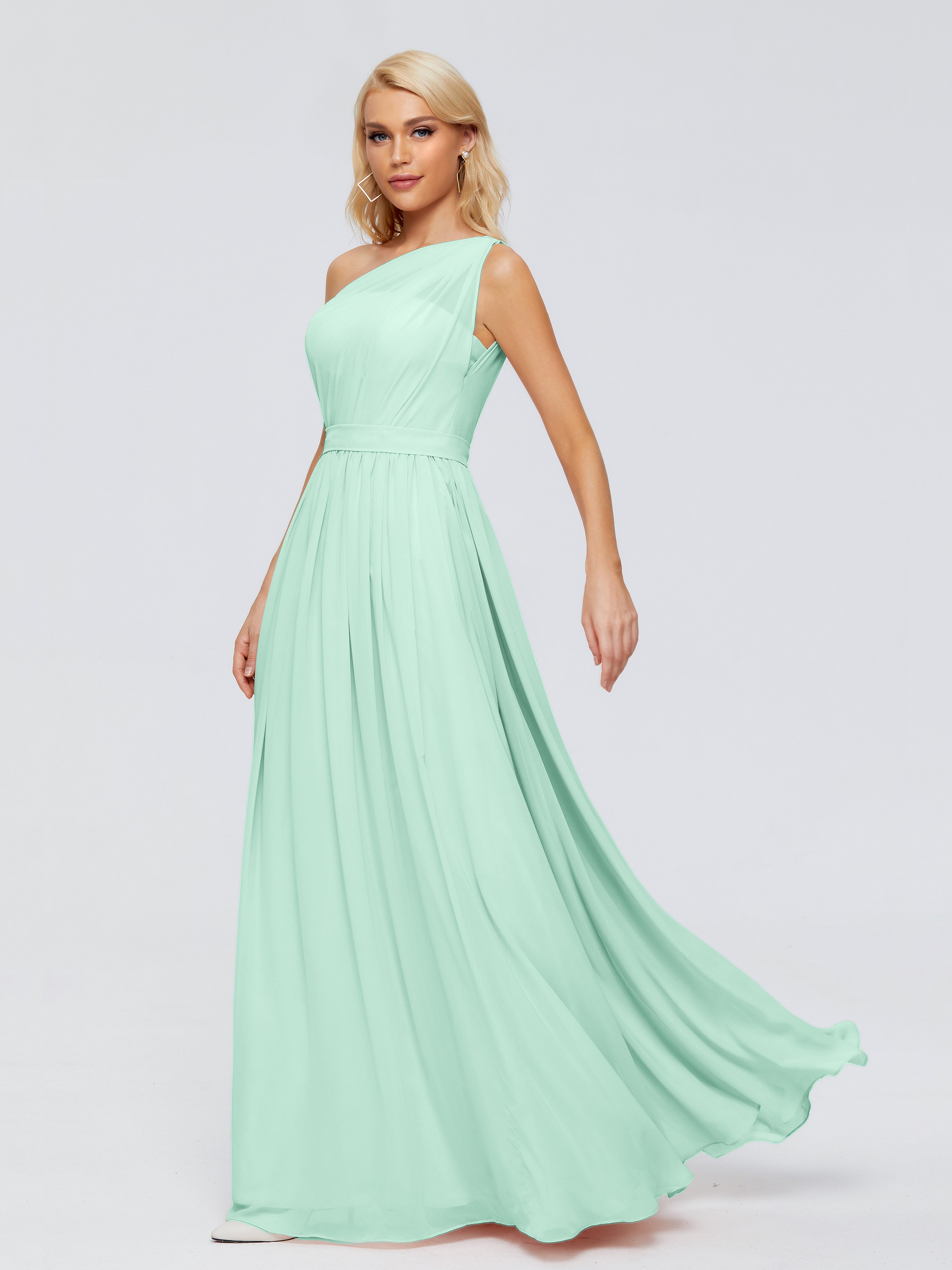 Robe Vert Menthe Demoiselle D Honneur Trapèze Seule-Épaule Ruban Mousseline Robes Demoiselle D'Honneur
