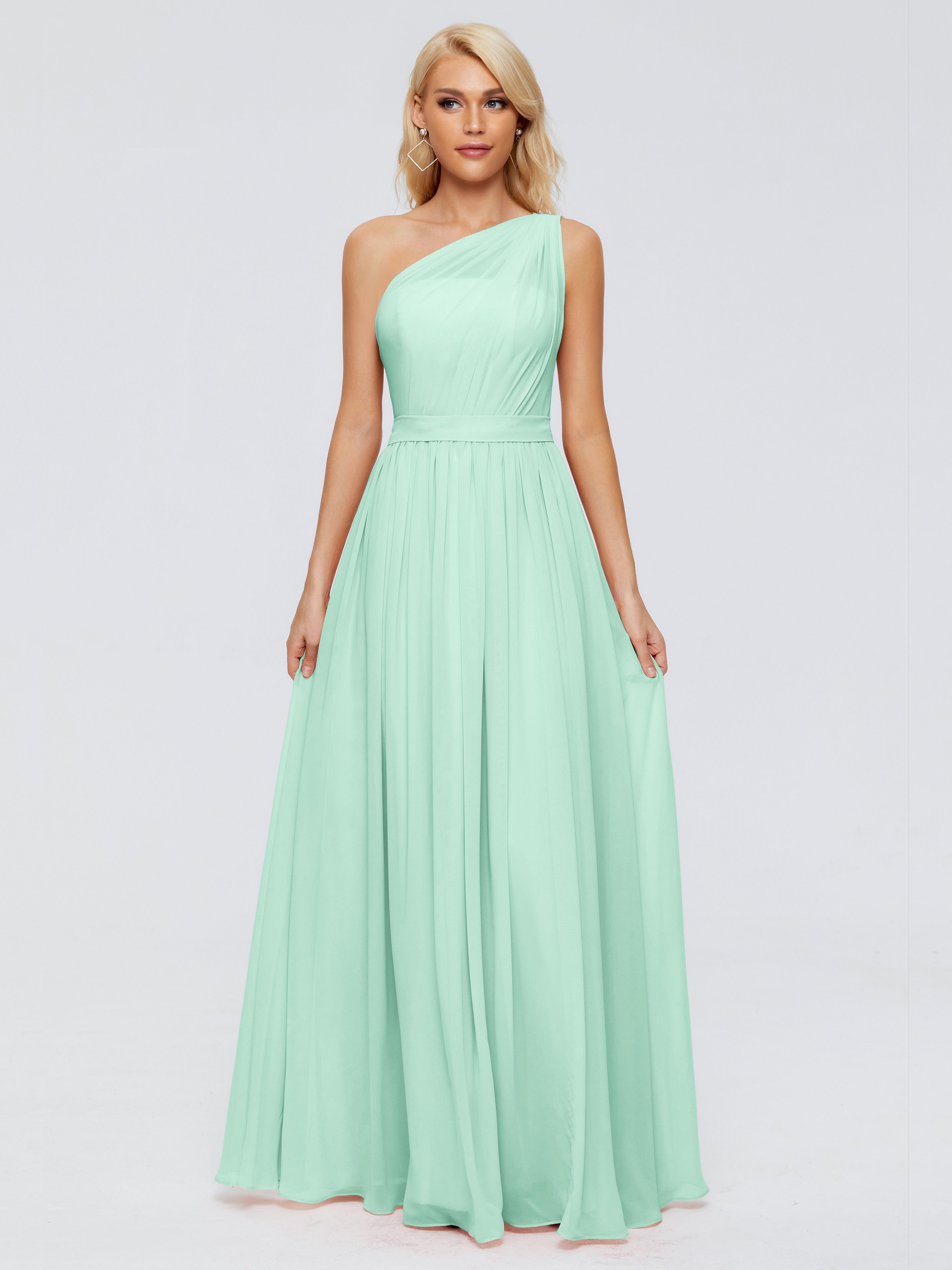 Robe Vert Menthe Demoiselle D Honneur Trapèze Seule-Épaule Ruban Mousseline Robes Demoiselle D'Honneur