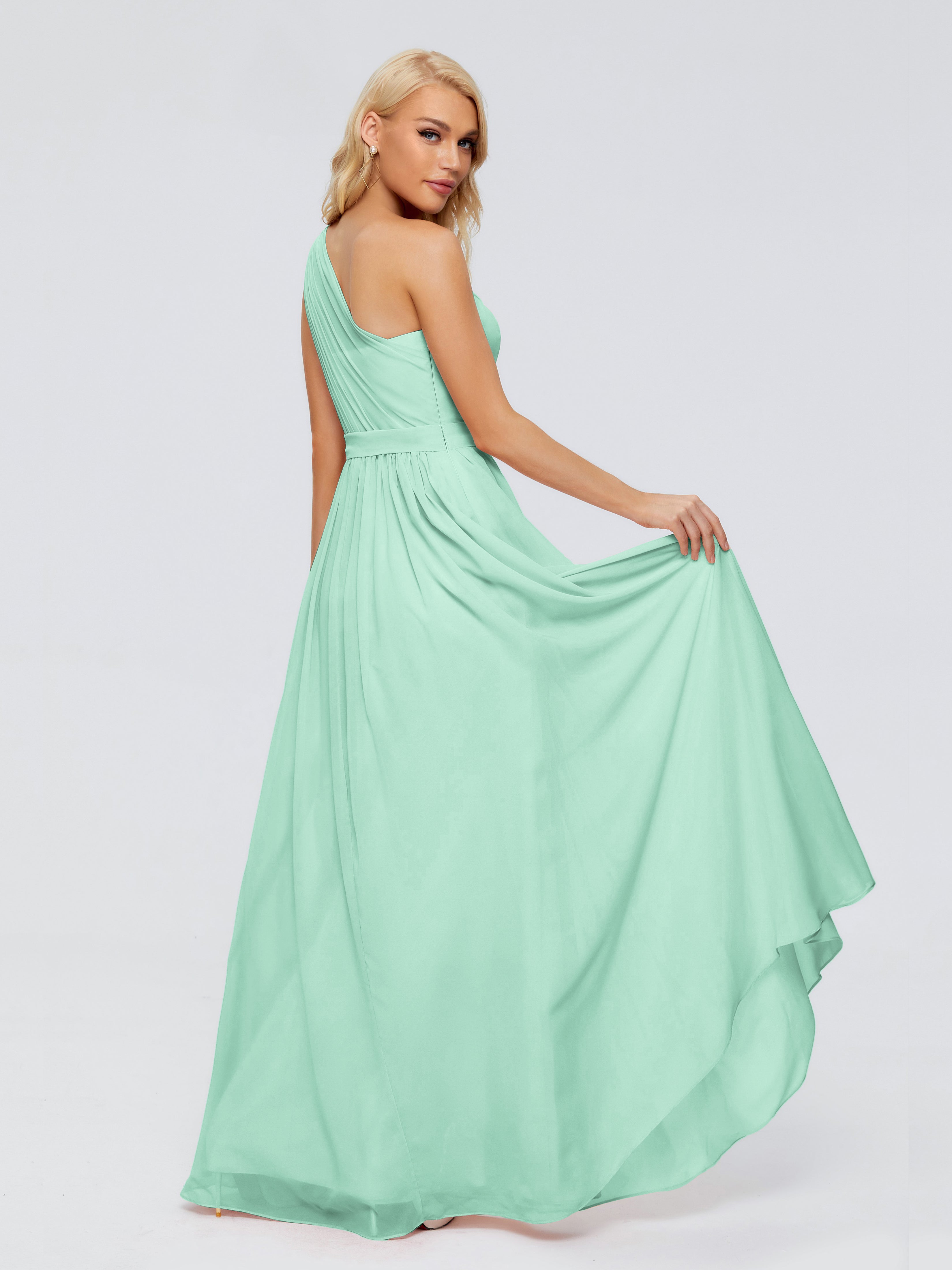 Robe Vert Menthe Demoiselle D Honneur Trapèze Seule-Épaule Ruban Mousseline Robes Demoiselle D'Honneur