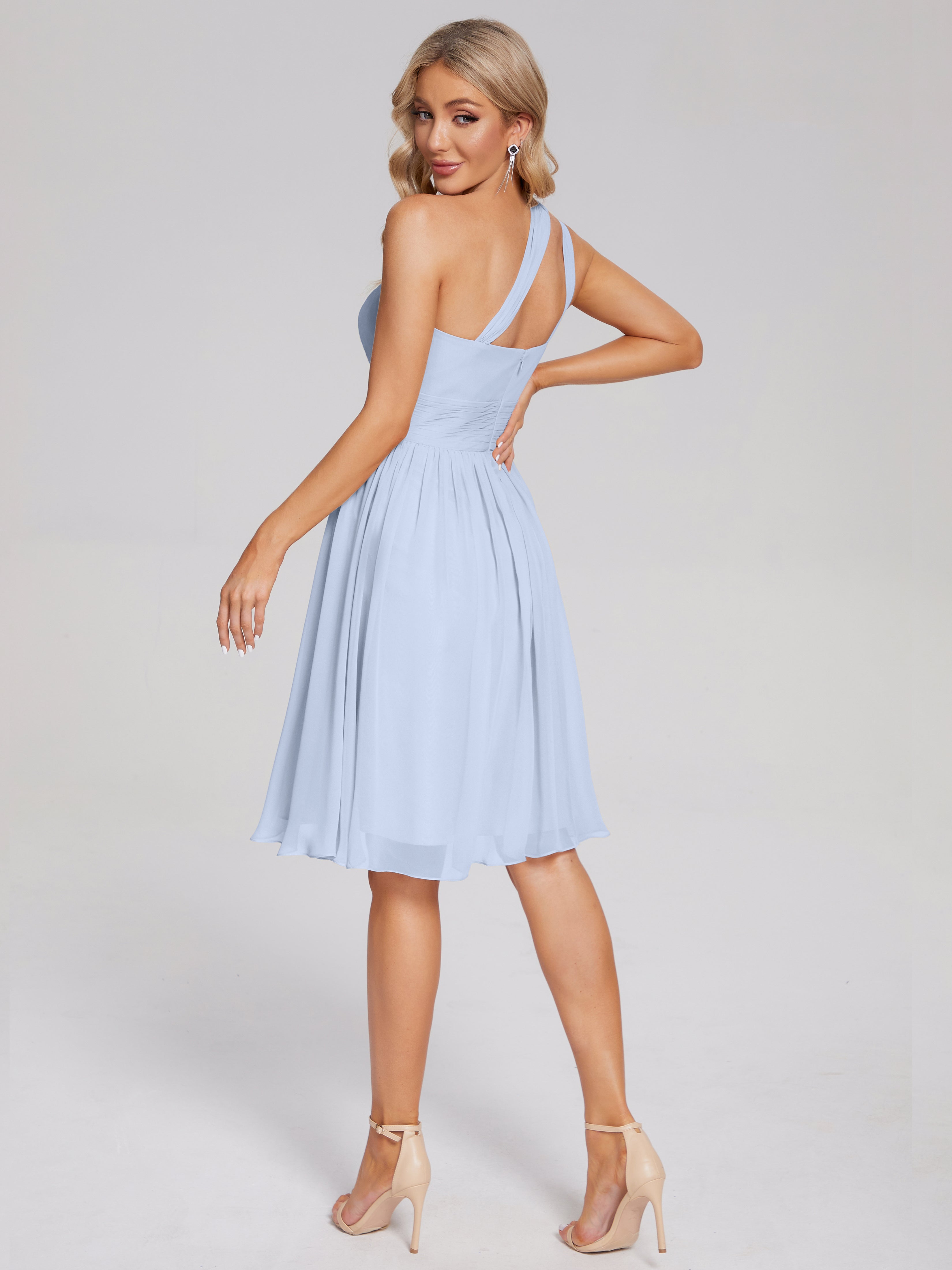 Robe Demoiselle D Honneur Bleu Ciel Longueur Genou Seule-Épaule Mousseline Robes Demoiselle D'Honneur