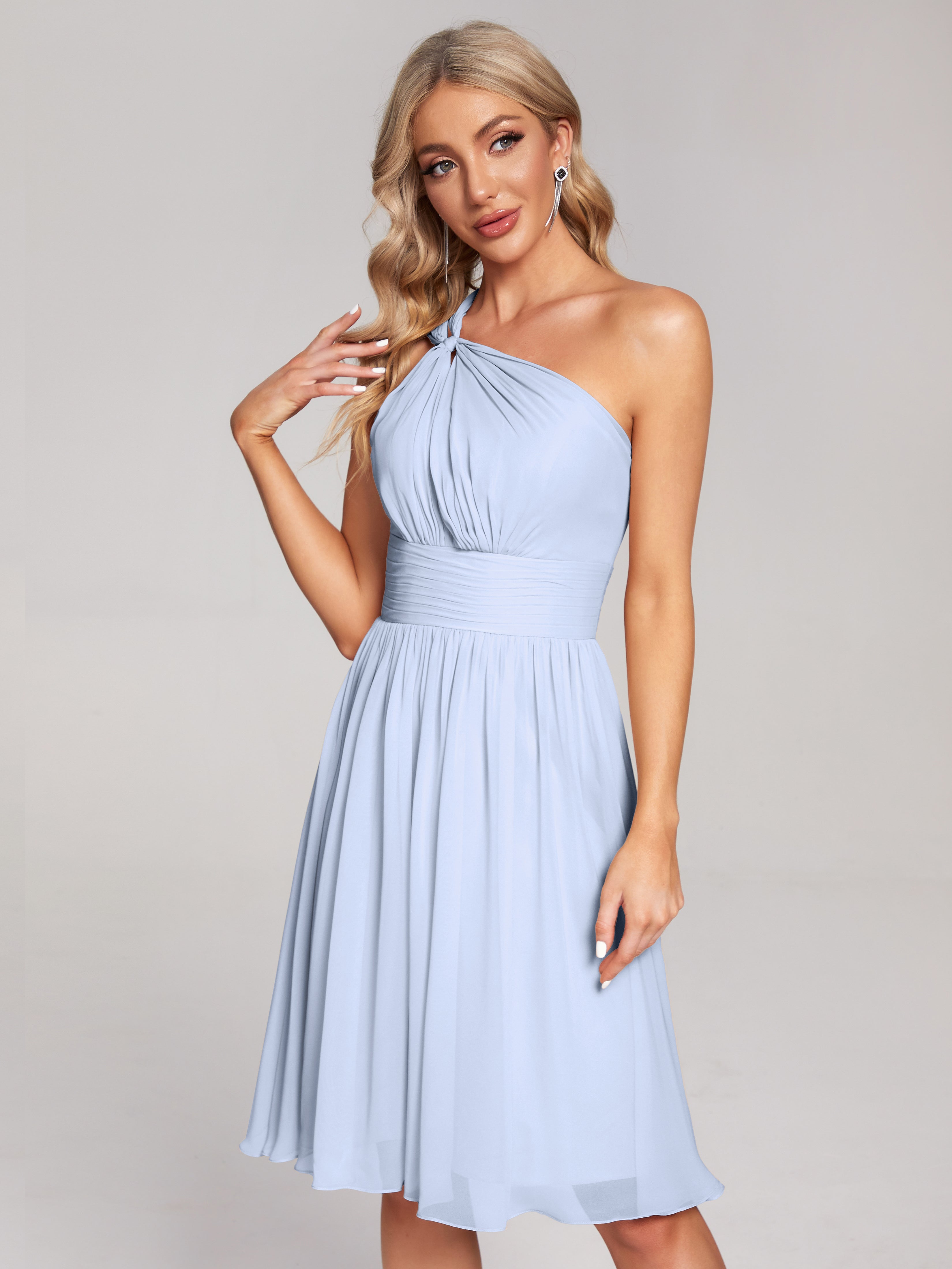Robe Demoiselle D Honneur Bleu Ciel Longueur Genou Seule-Épaule Mousseline Robes Demoiselle D'Honneur
