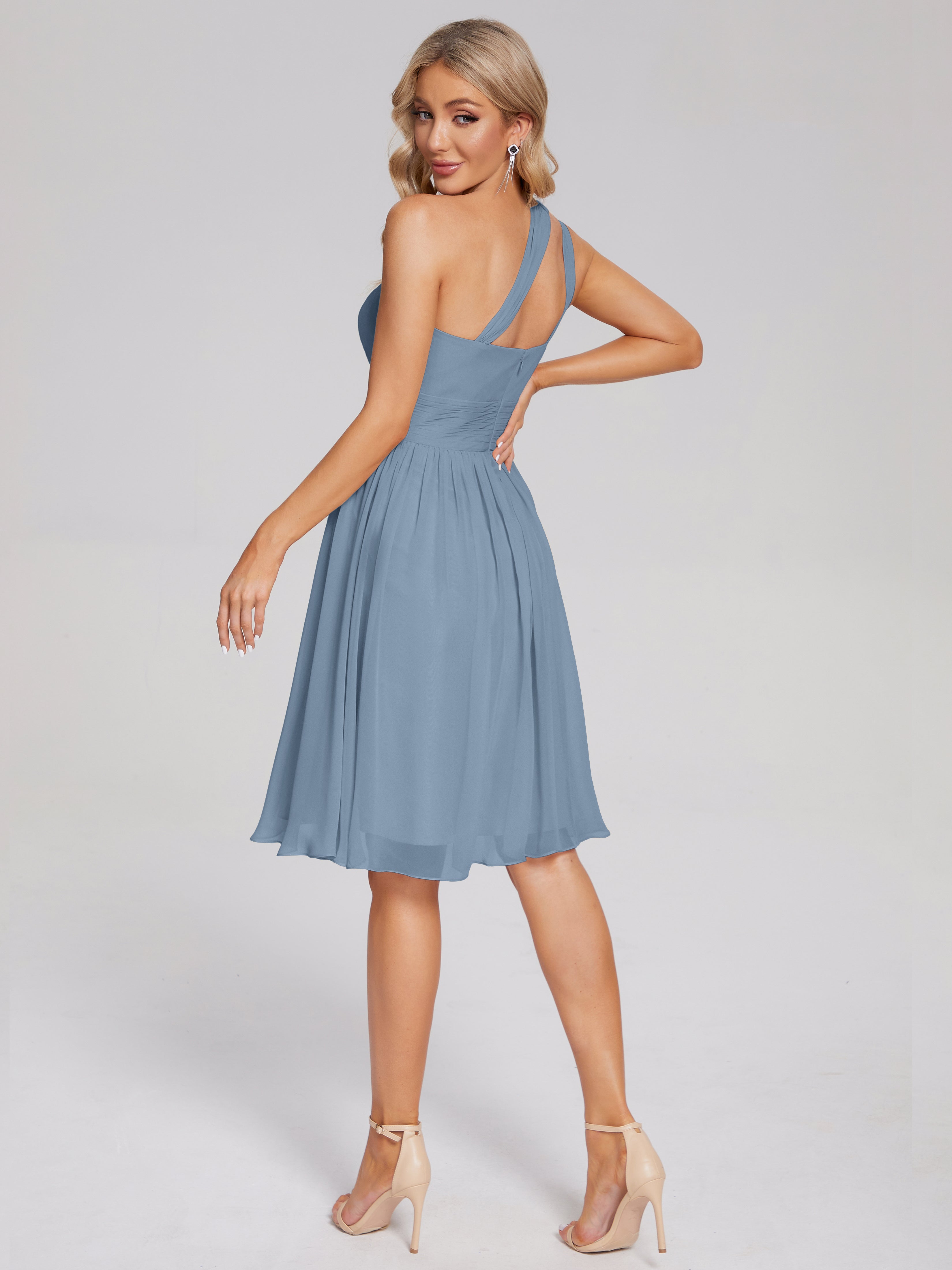 Robes De Demoiselle D'Honneur Bleu De Schiste Longueur Genou Seule-Épaule Mousseline Robes Demoiselle D'Honneur