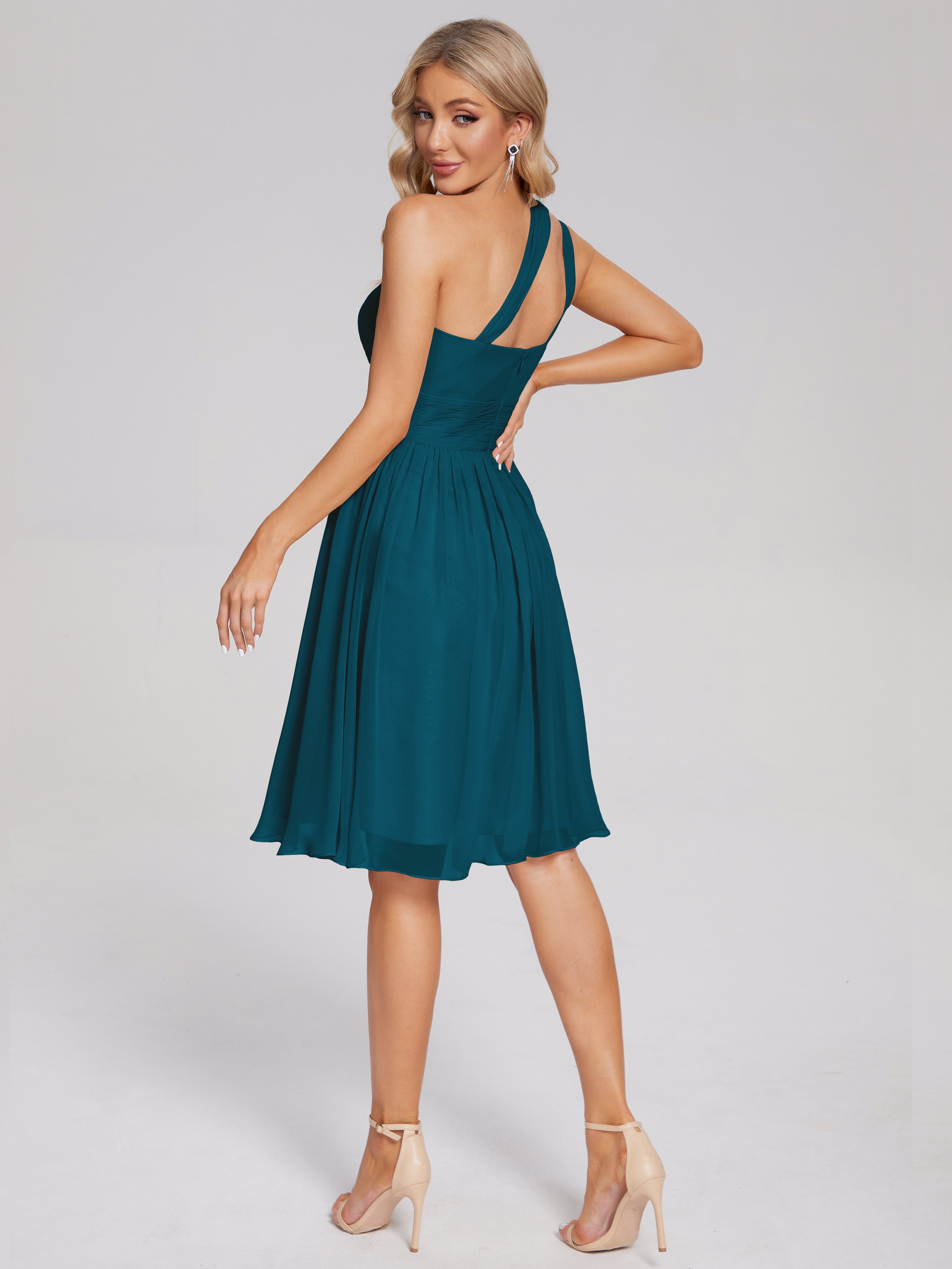 Robe De Demoiselle D'Honneur Bleu Encre Longueur Genou Seule-Épaule Mousseline Robes Demoiselle D'Honneur