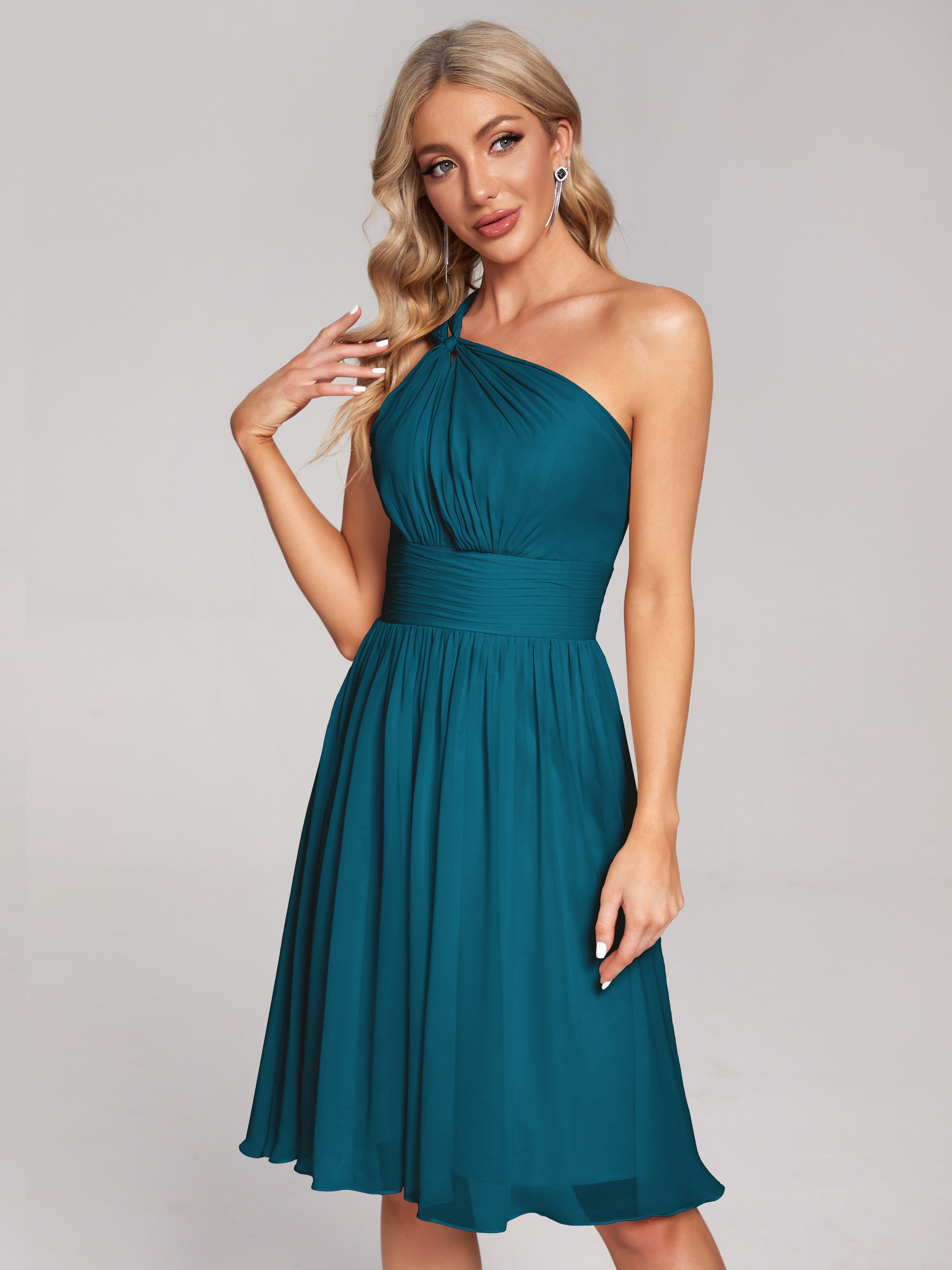 Robe De Demoiselle D'Honneur Bleu Encre Longueur Genou Seule-Épaule Mousseline Robes Demoiselle D'Honneur
