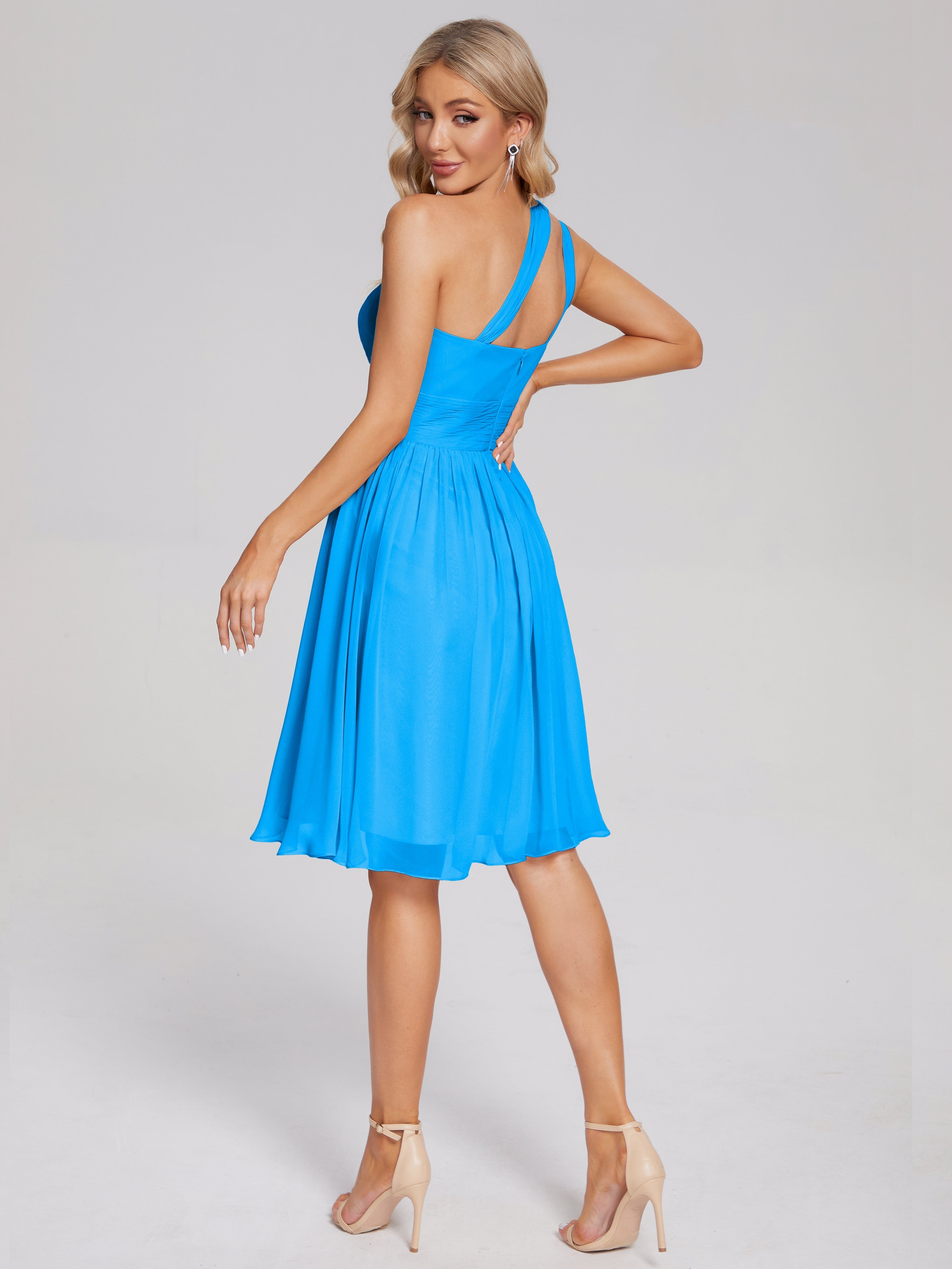 Robes De Demoiselle D'Honneur Bleu Océan Longueur Genou Seule-Épaule Mousseline Robes Demoiselle D'Honneur