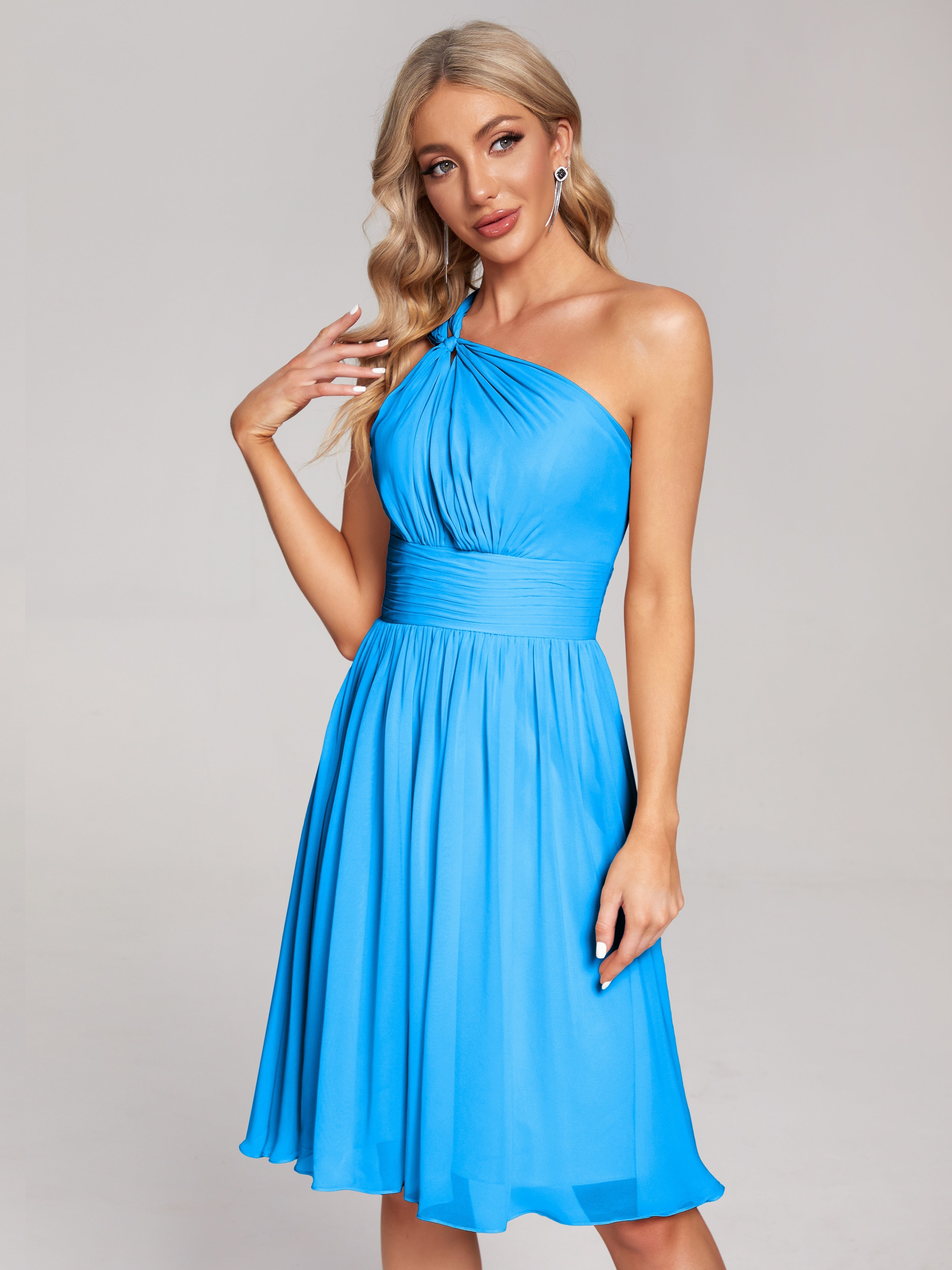 Robes De Demoiselle D'Honneur Bleu Océan Longueur Genou Seule-Épaule Mousseline Robes Demoiselle D'Honneur