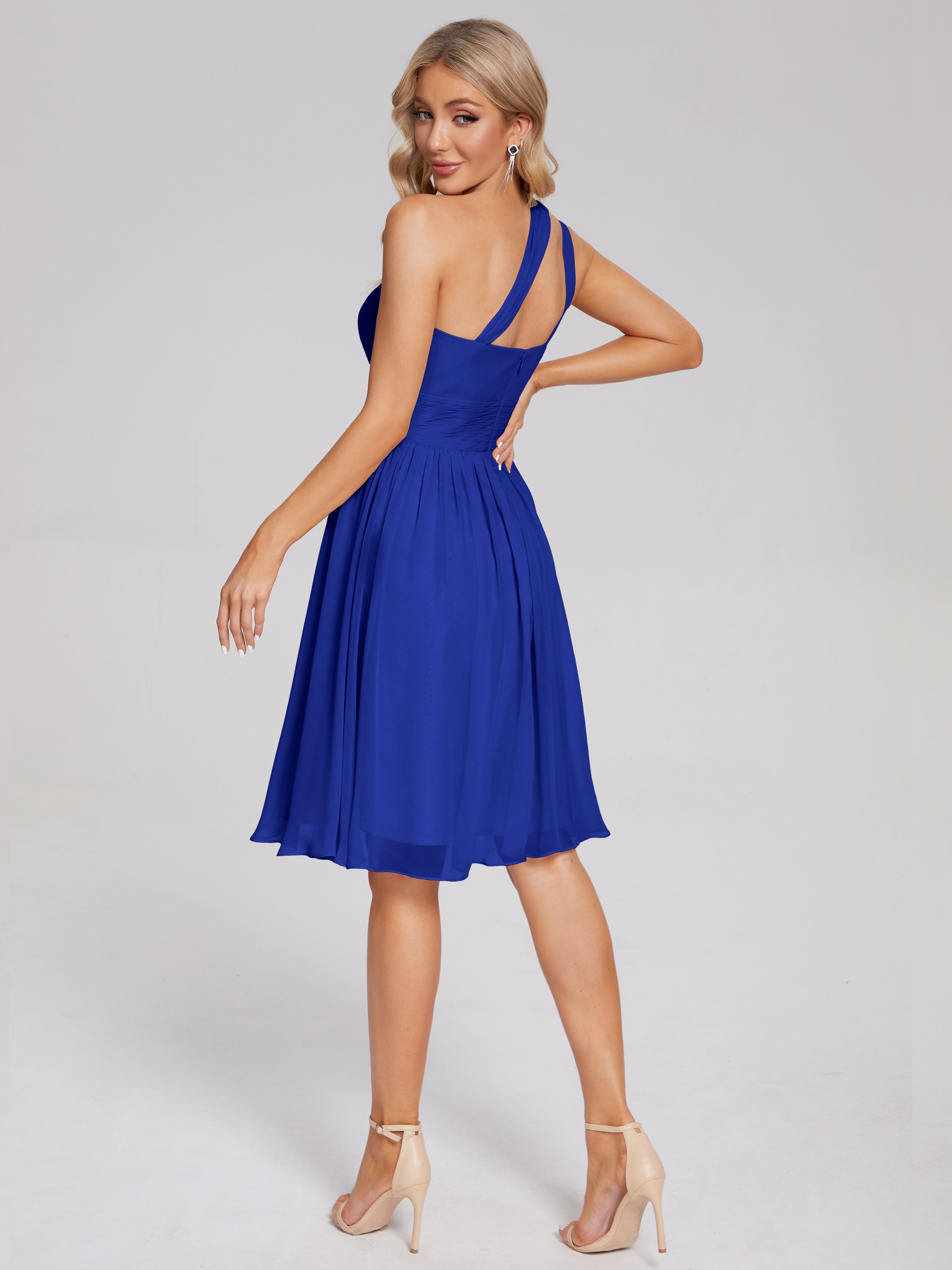 Robe De Demoiselle D Honneur Bleu Roi Longueur Genou Seule-Épaule Mousseline Robes Demoiselle D'Honneur