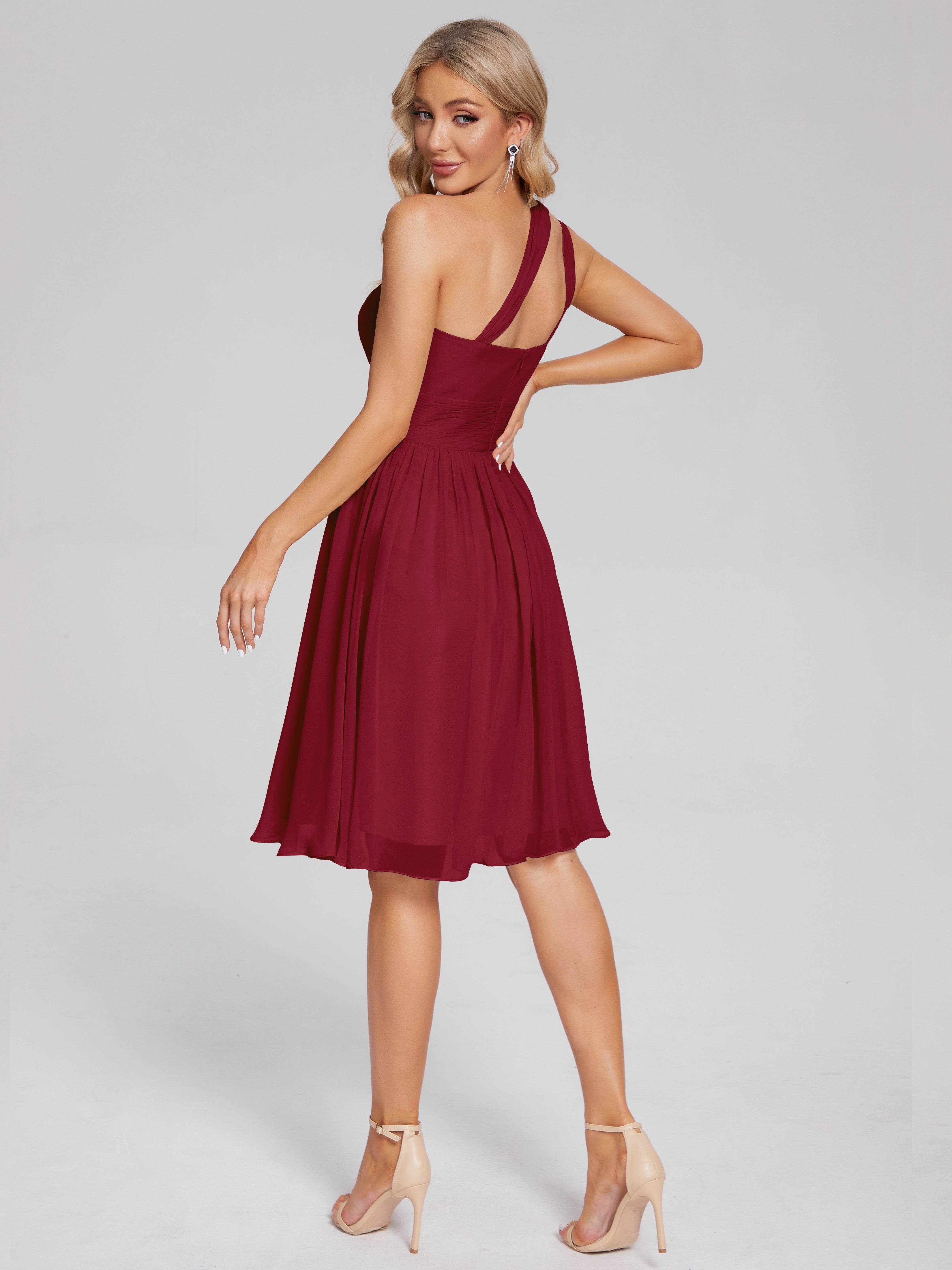 Robe Bordeaux Mariage Demoiselle D Honneur Longueur Genou Seule-Épaule Mousseline Robes Demoiselle D'Honneur