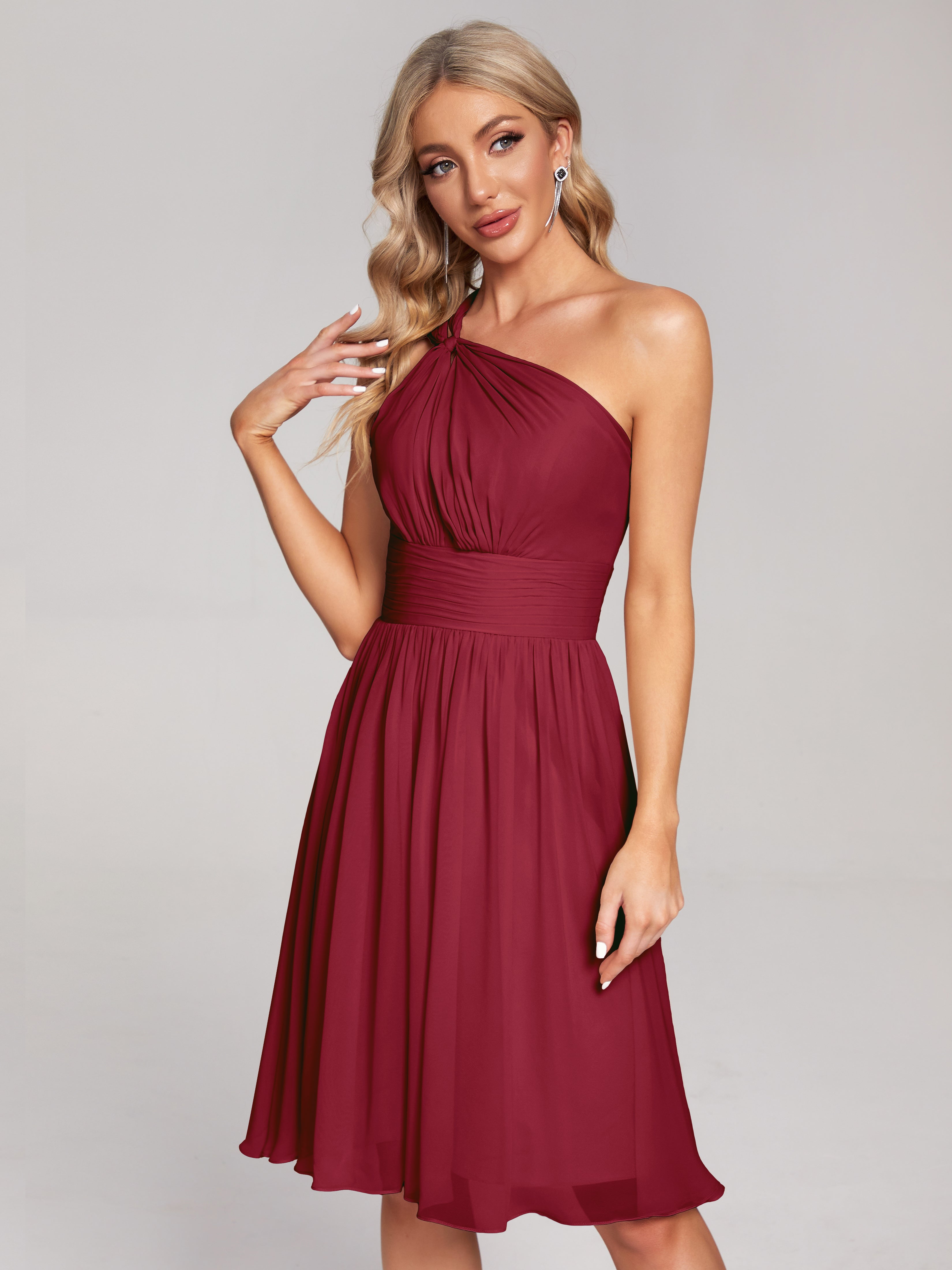 Robe Bordeaux Mariage Demoiselle D Honneur Longueur Genou Seule-Épaule Mousseline Robes Demoiselle D'Honneur