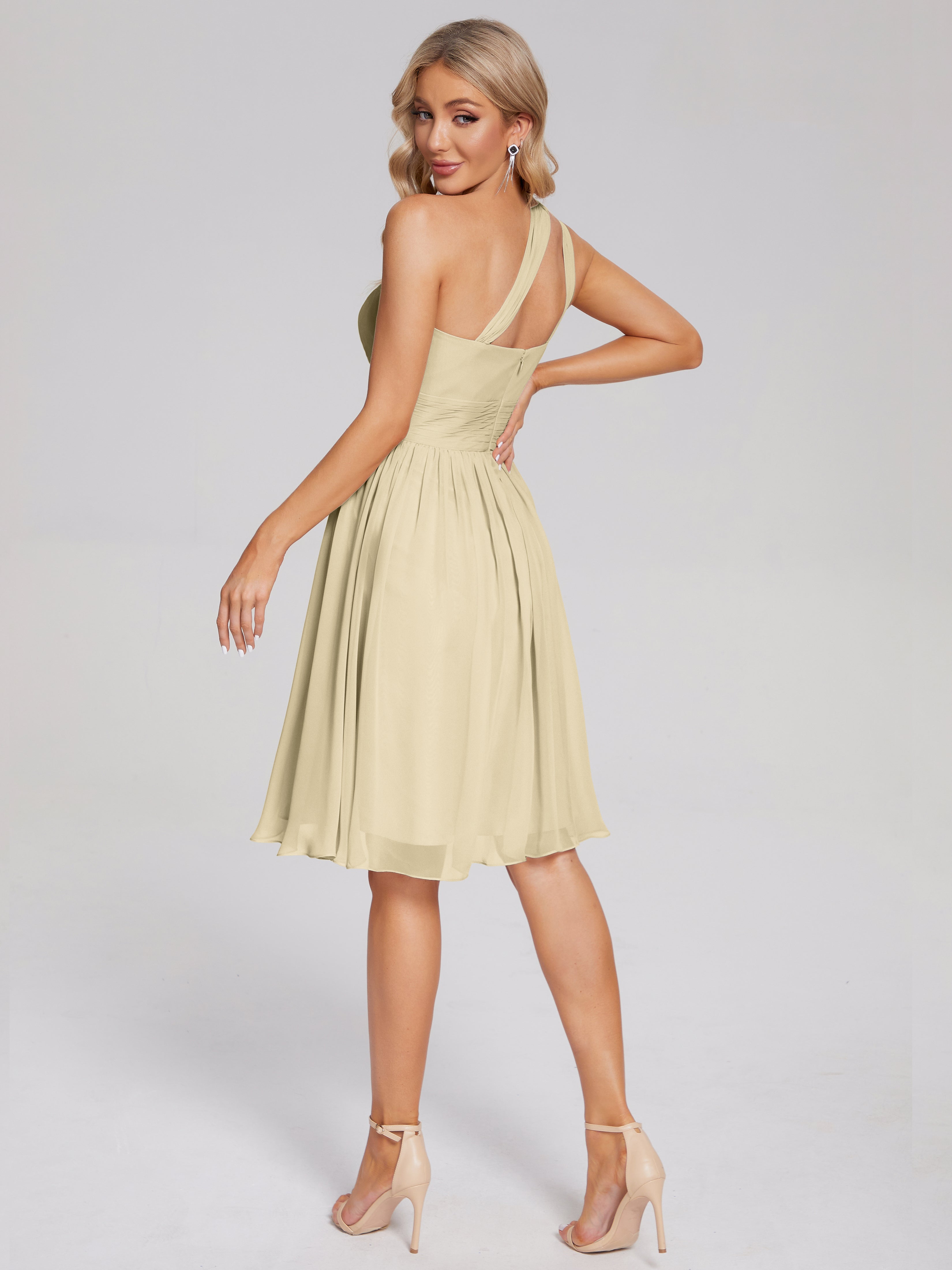 Champagne Robe Demoiselle D Honneur Longueur Genou Seule-Épaule Mousseline Robes Demoiselle D'Honneur