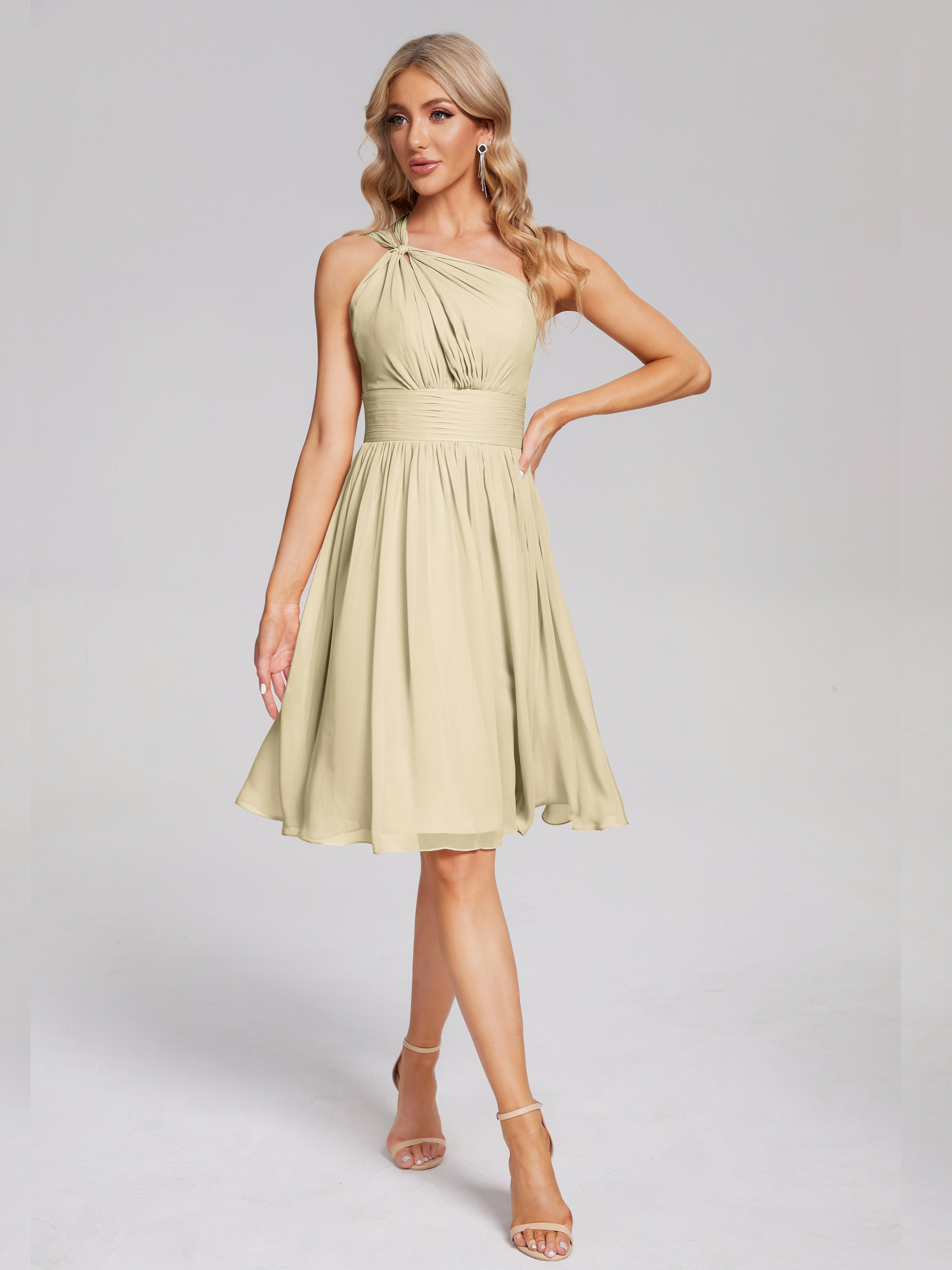 Champagne Robe Demoiselle D Honneur Longueur Genou Seule-Épaule Mousseline Robes Demoiselle D'Honneur