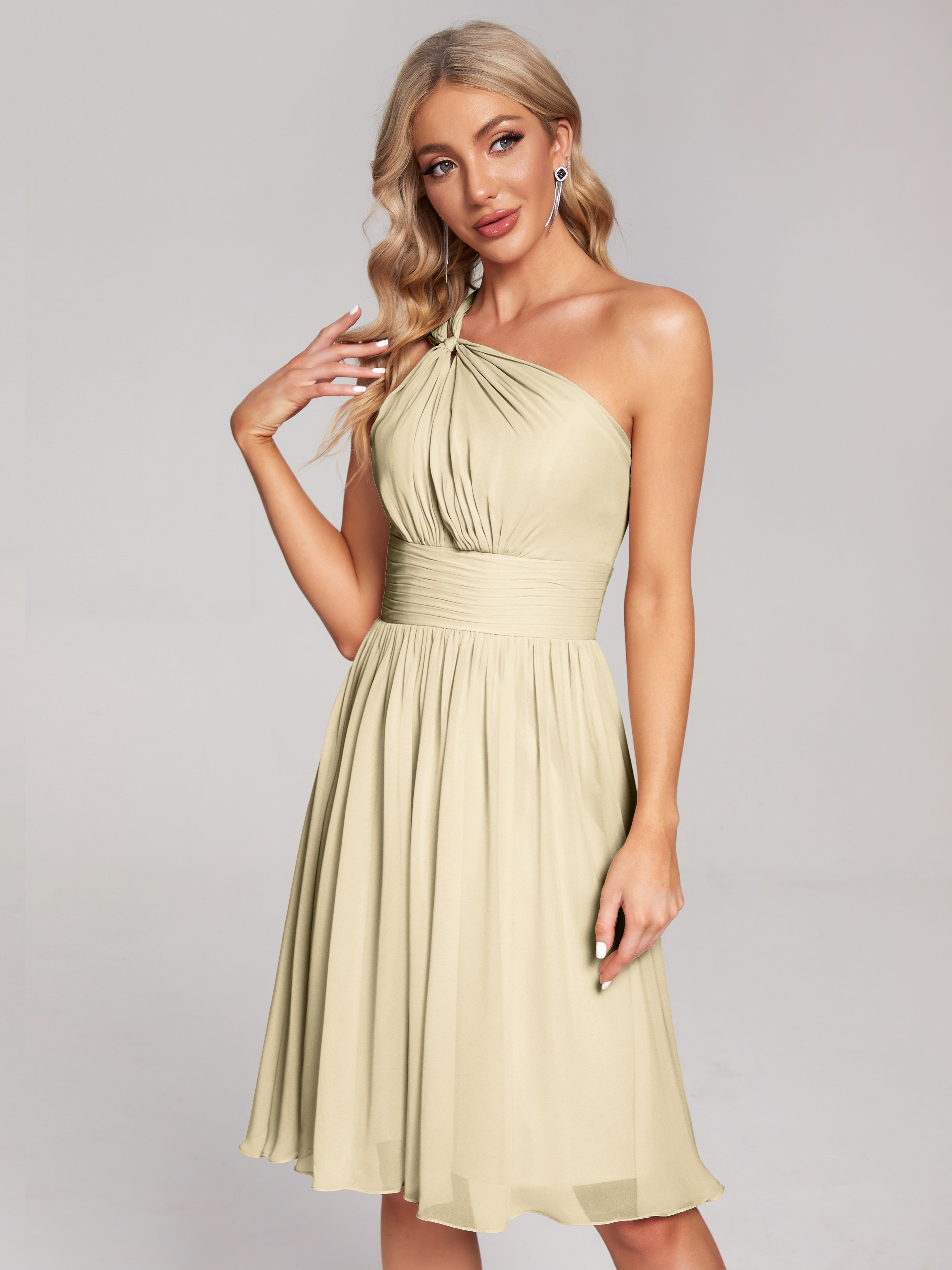 Champagne Robe Demoiselle D Honneur Longueur Genou Seule-Épaule Mousseline Robes Demoiselle D'Honneur