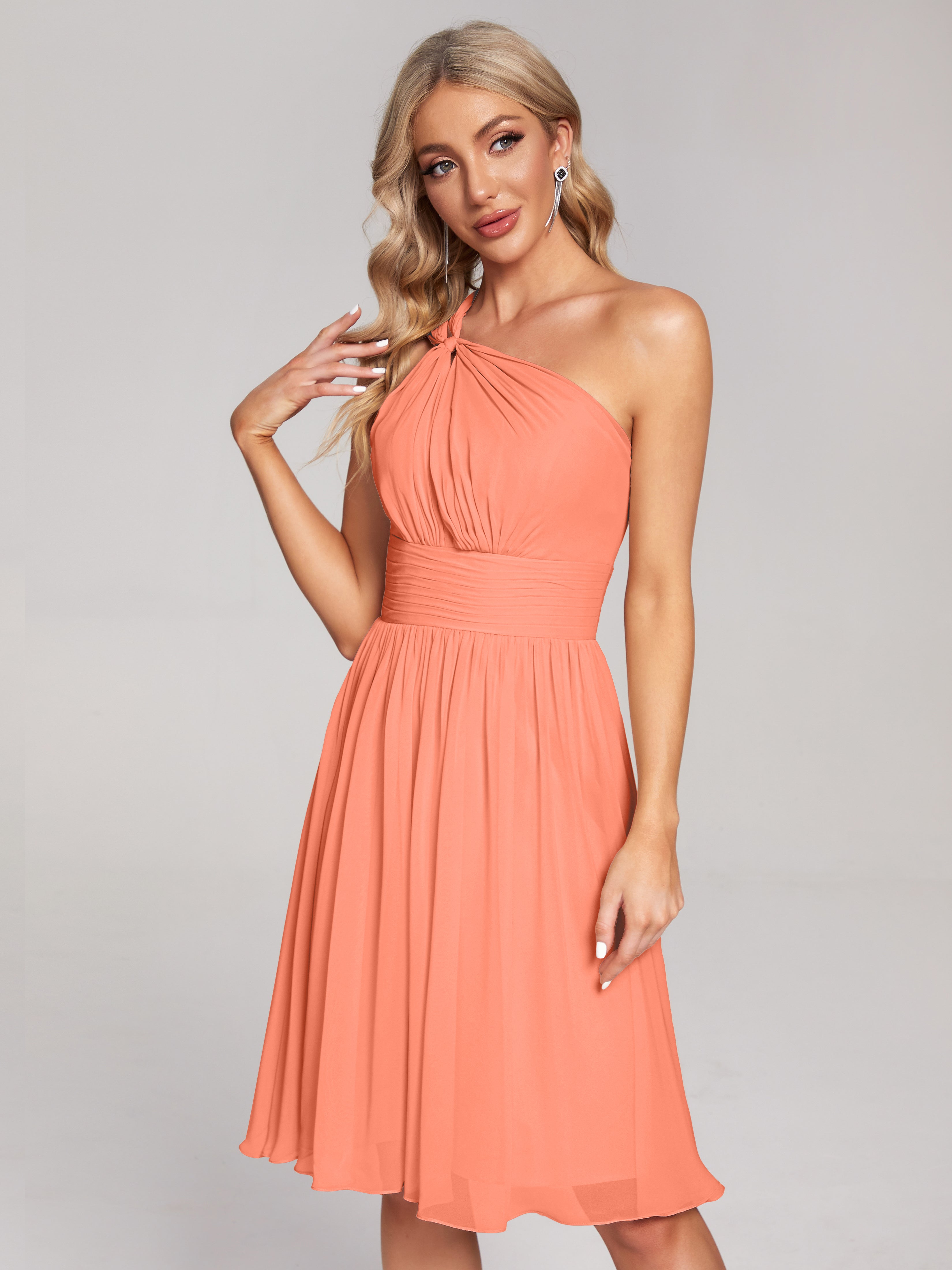 Robes De Demoiselle D'Honneur Coucher De Soleil Longueur Genou Seule-Épaule Mousseline Robes Demoiselle D'Honneur