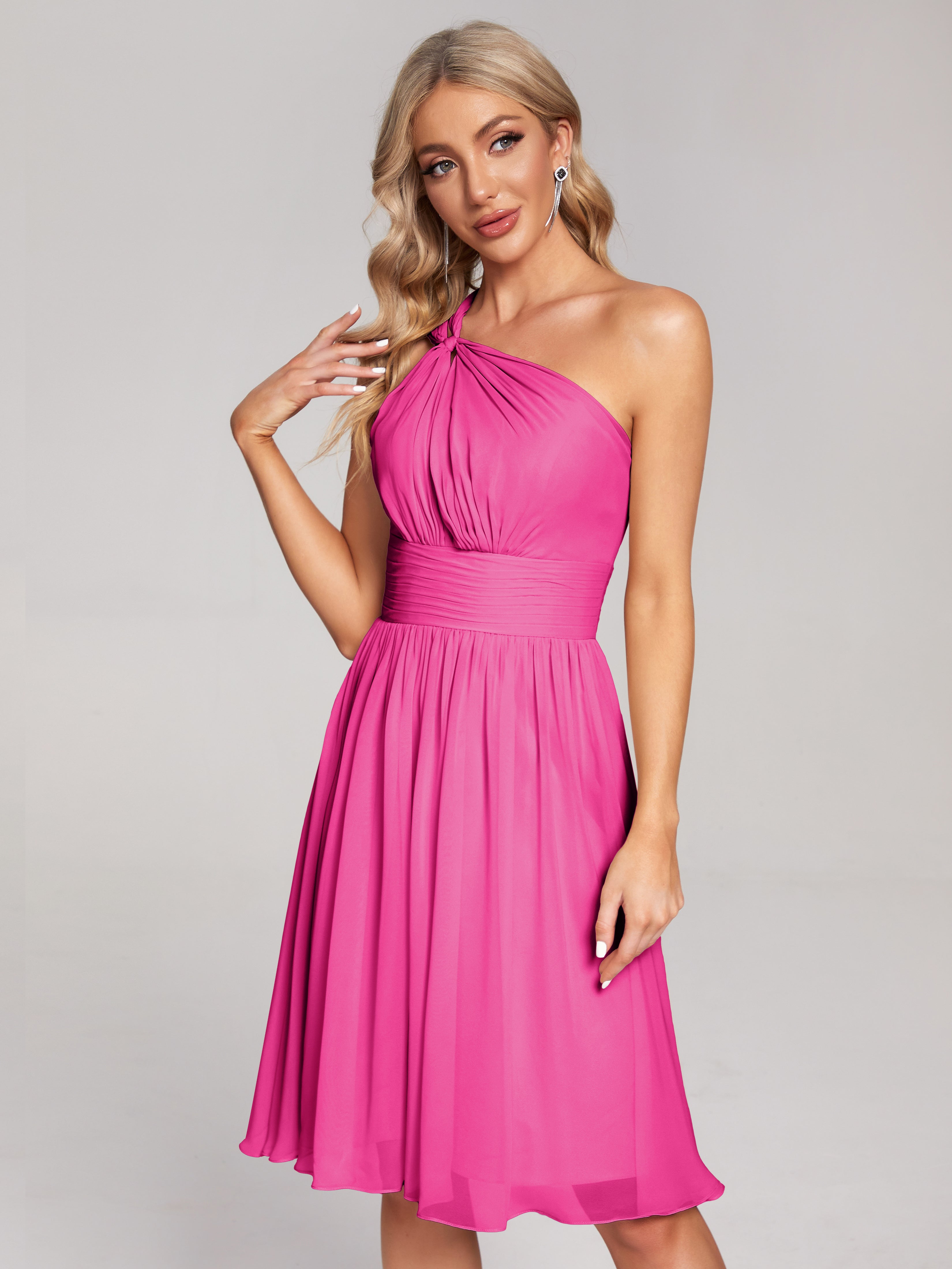 Robe De Demoiselle D Honneur Fuchsia Longueur Genou Seule-Épaule Mousseline Robes Demoiselle D'Honneur